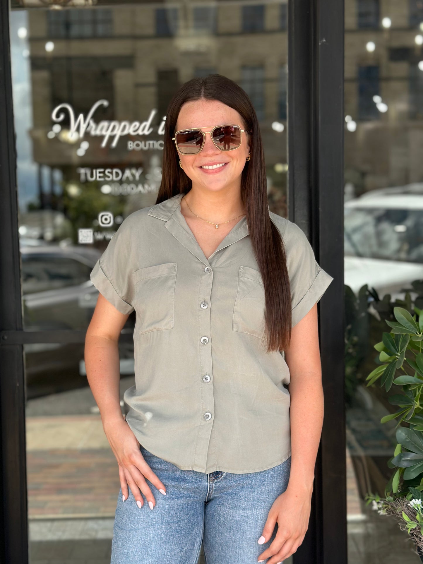 NEW! Calm and Cool Button Down Top in Sage