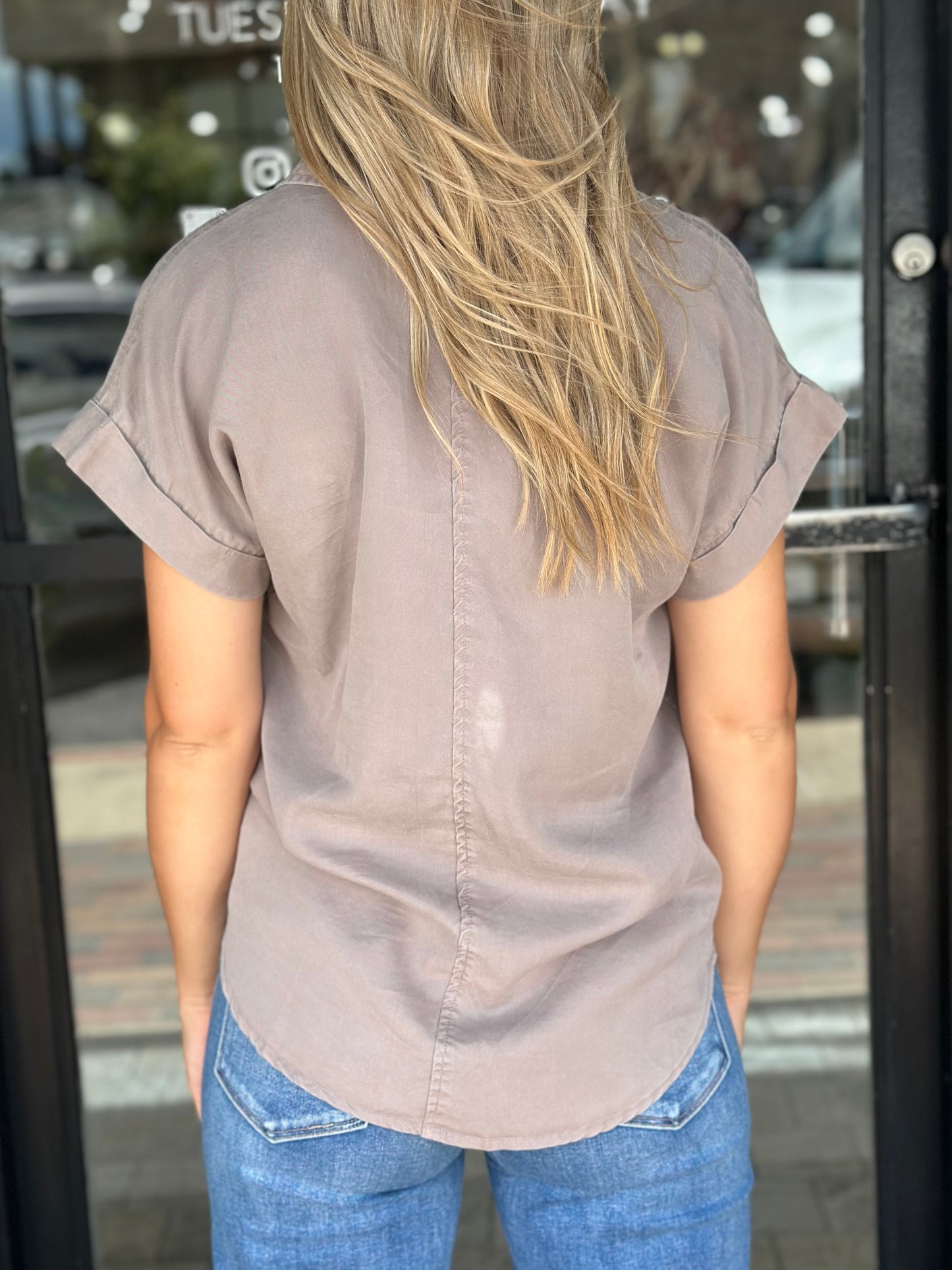 NEW! Calm and Cool Button Down Top in Mushroom