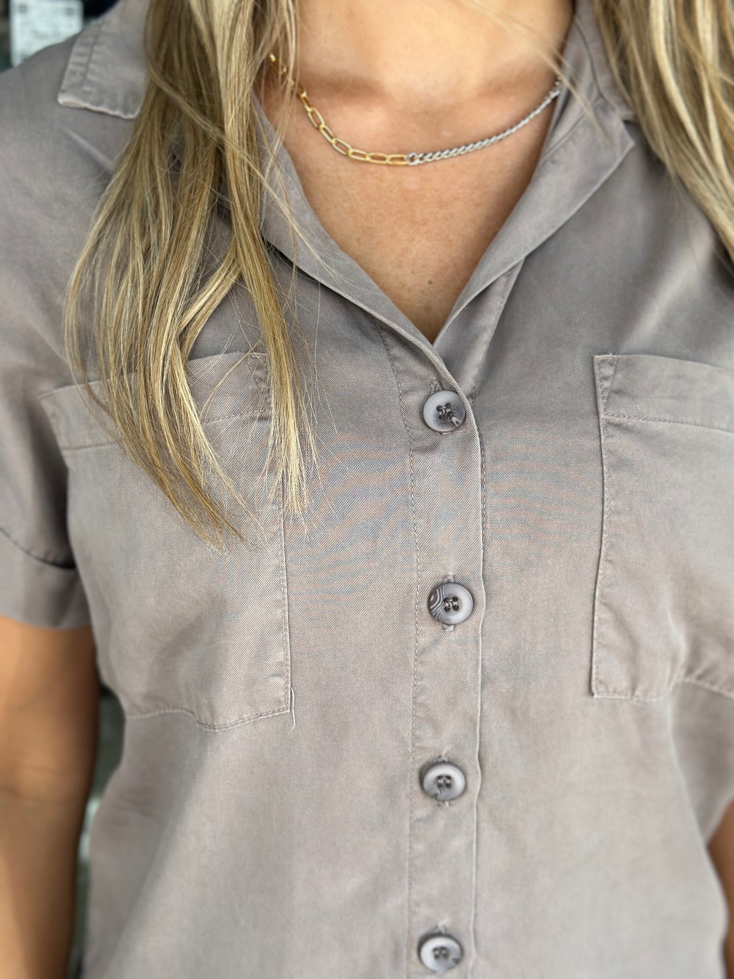 NEW! Calm and Cool Button Down Top in Mushroom