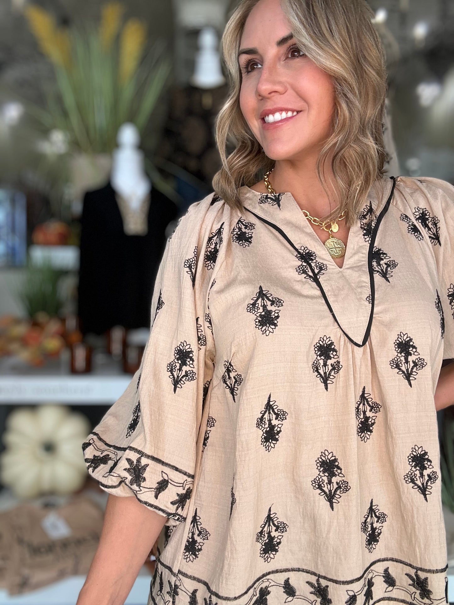 NEW! Brisk Stroll Embroidered Top in Latte