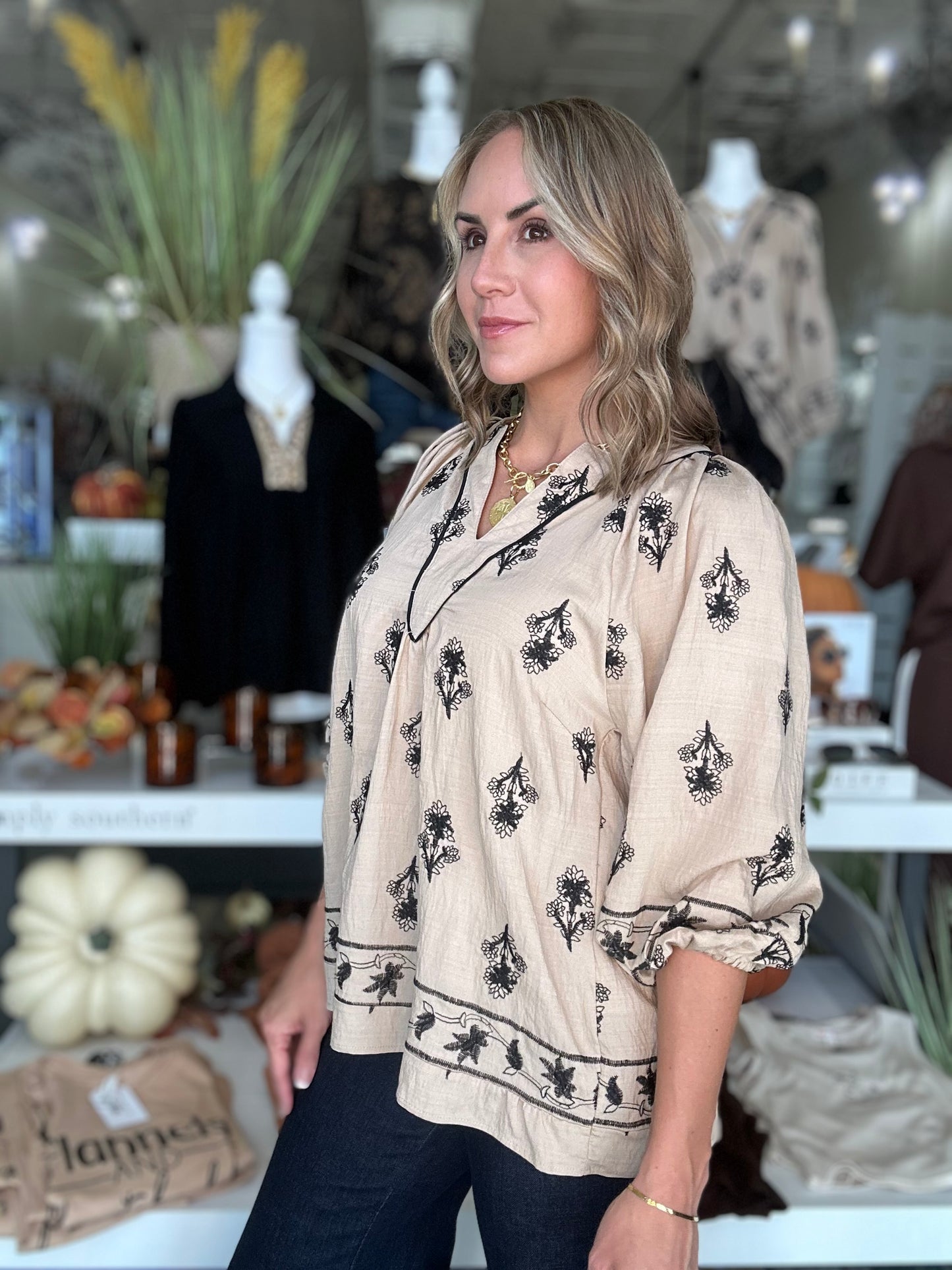 NEW! Brisk Stroll Embroidered Top in Latte