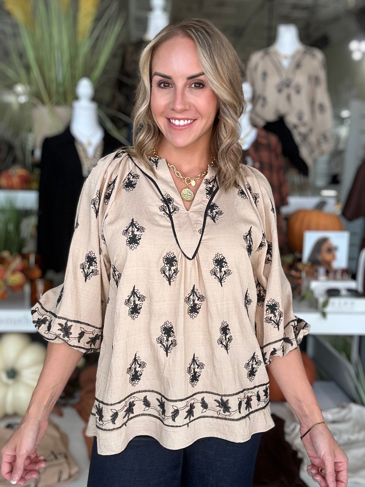 NEW! Brisk Stroll Embroidered Top in Latte