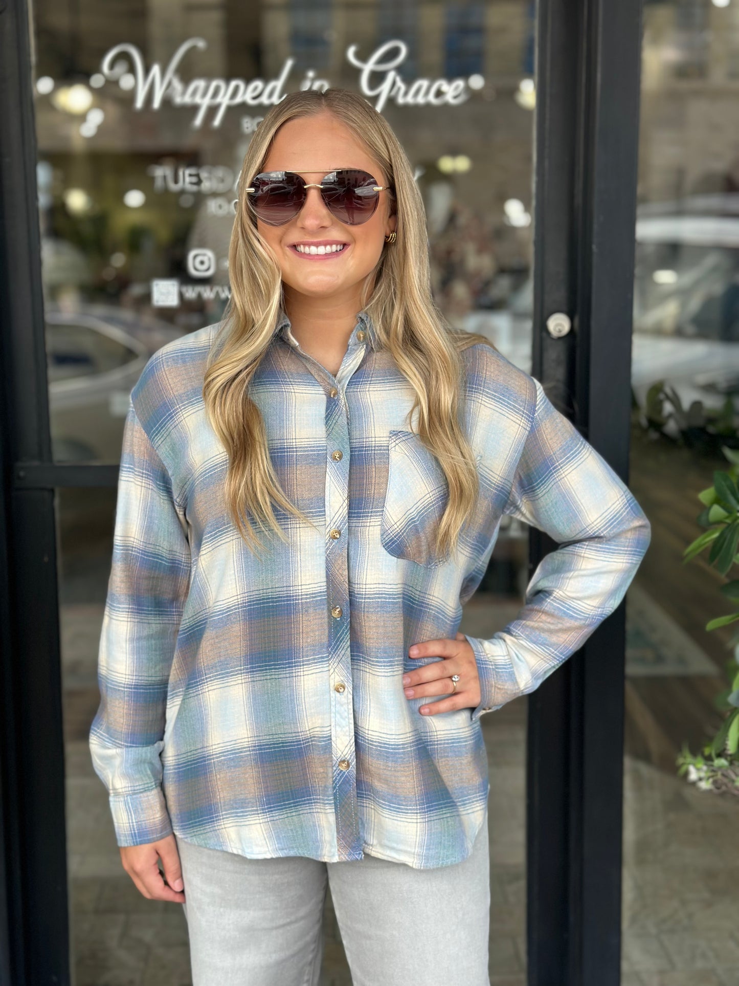 NEW! Retro Plaid Flannel Top in Blue