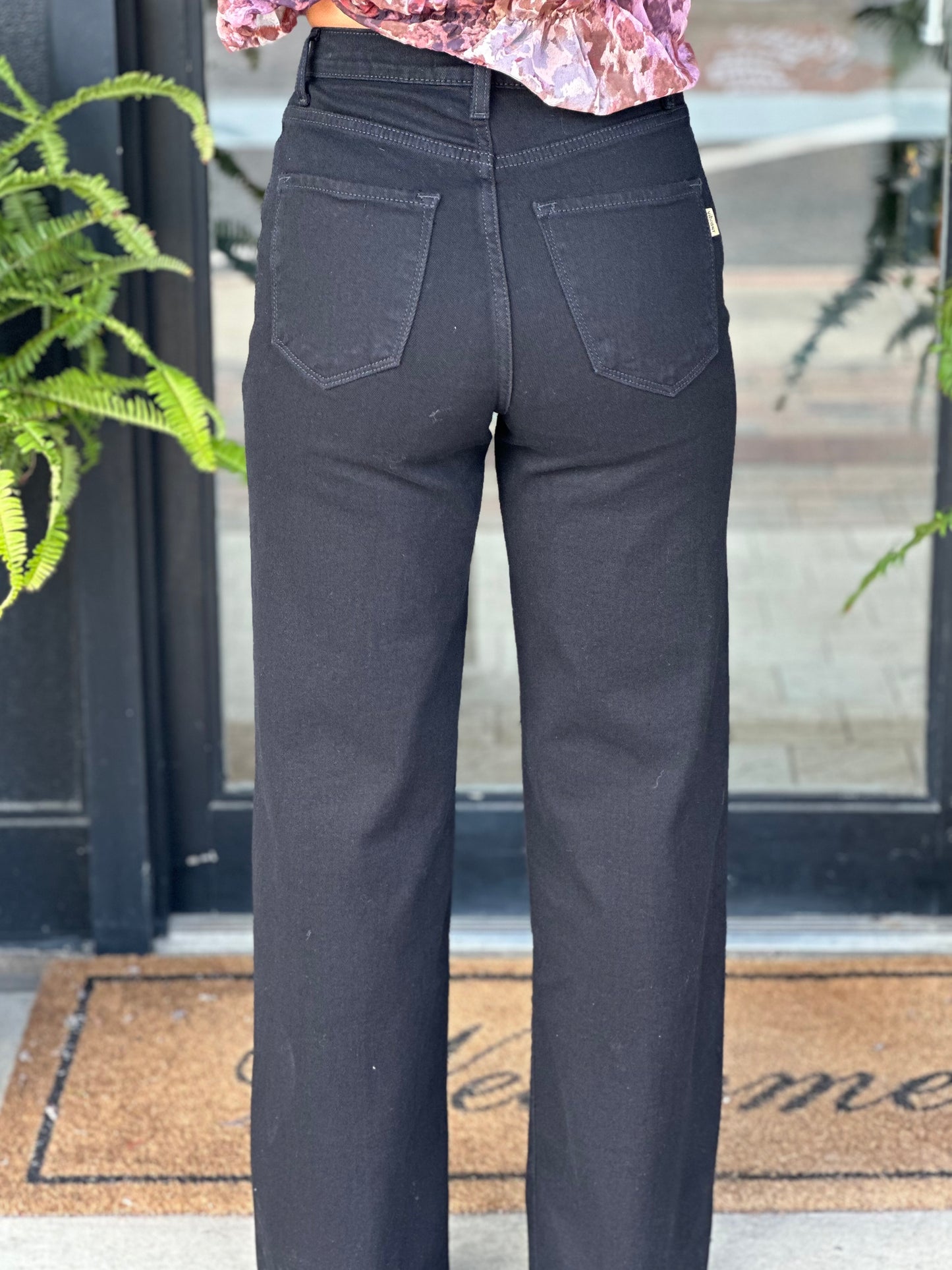 Mia High Rise Crossed Waist Wide Leg Jeans in Black