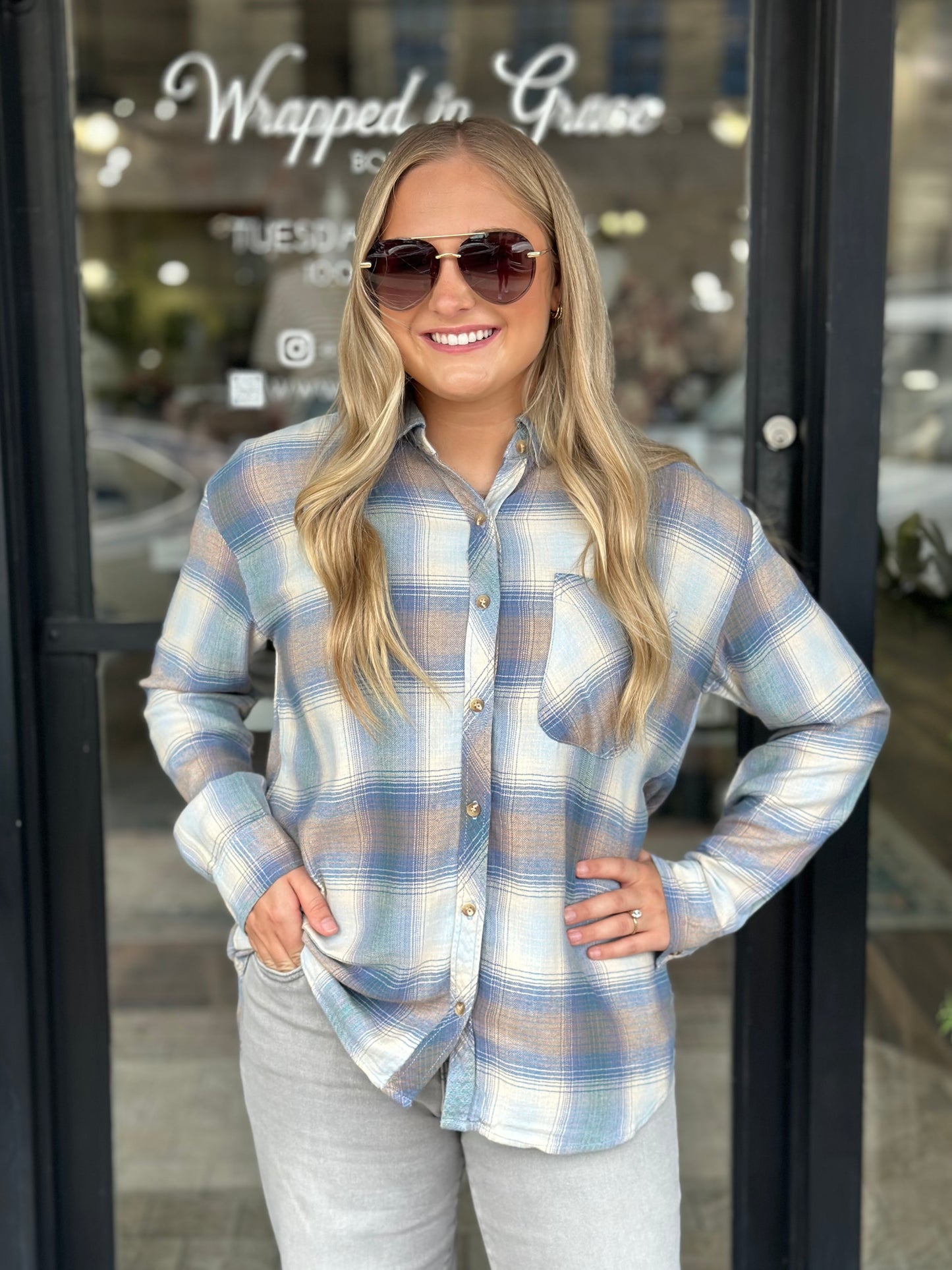 NEW! Retro Plaid Flannel Top in Blue