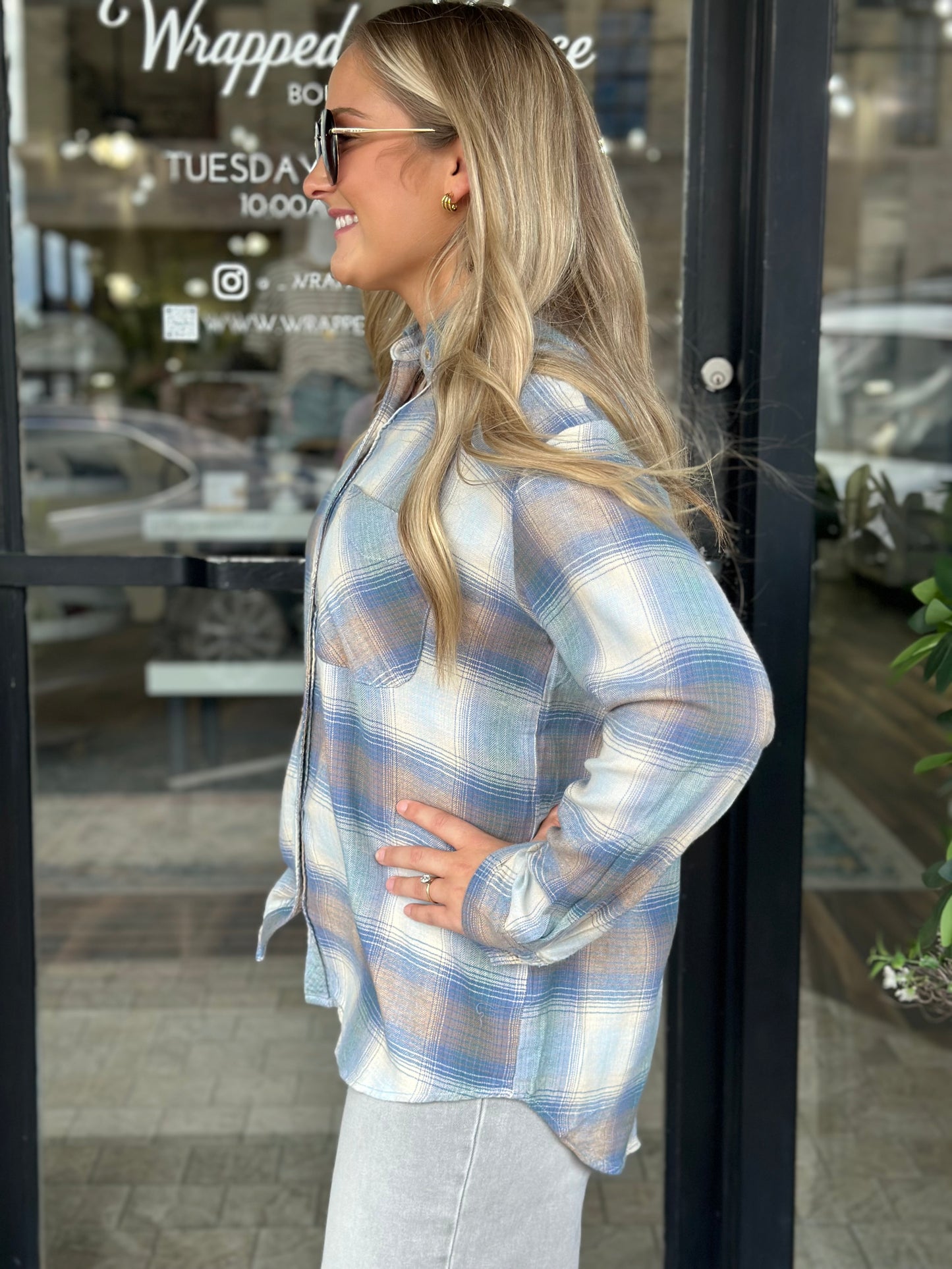 NEW! Retro Plaid Flannel Top in Blue