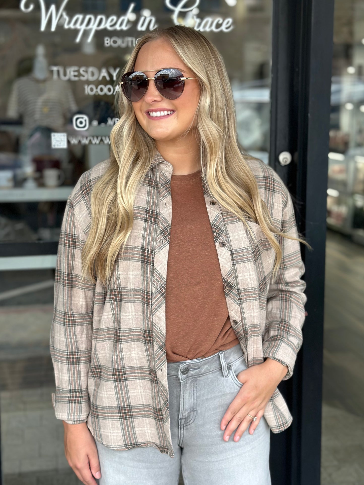 NEW! Autumn Breeze Flannel Top in Mushroom