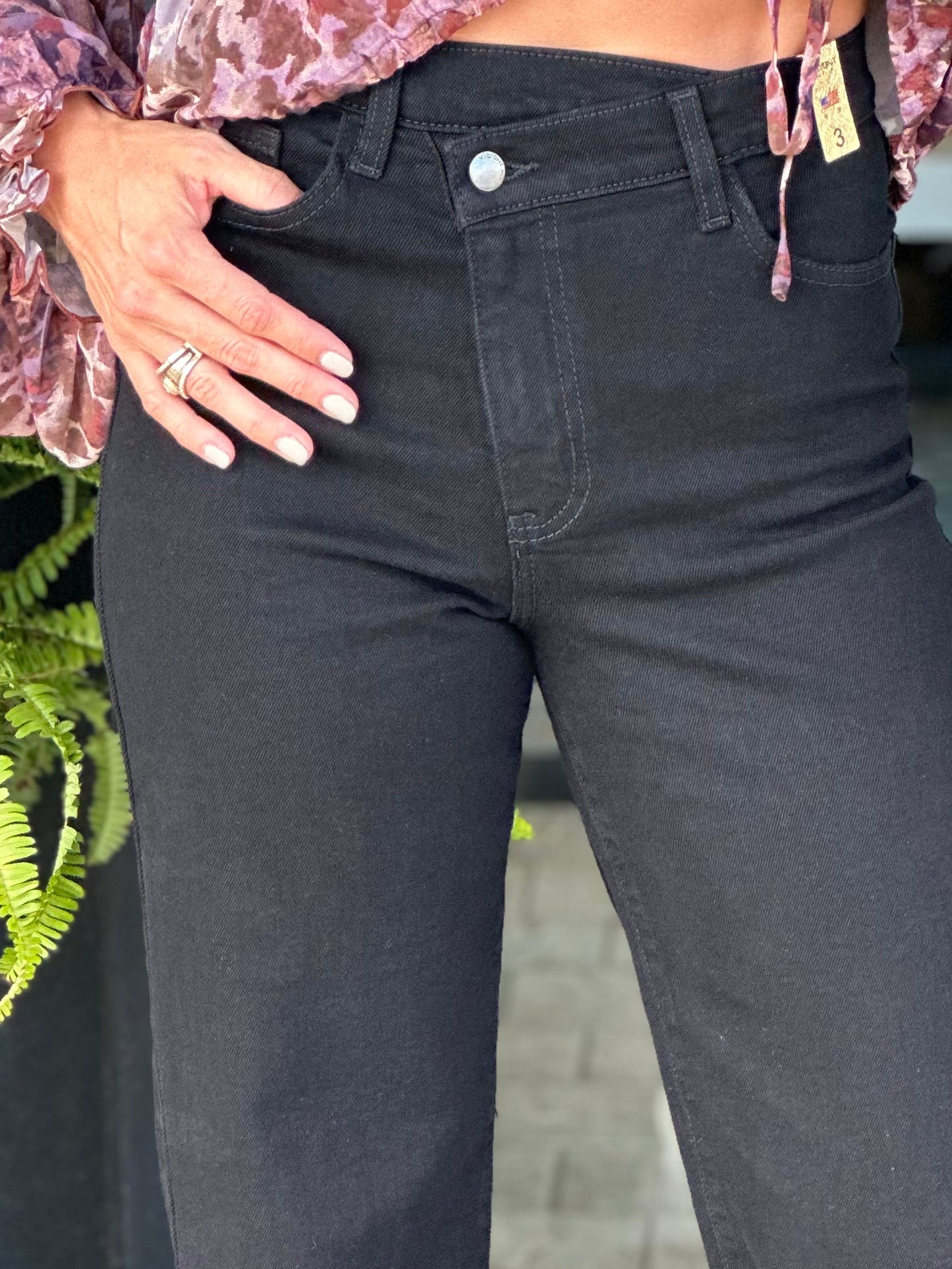Mia High Rise Crossed Waist Wide Leg Jeans in Black