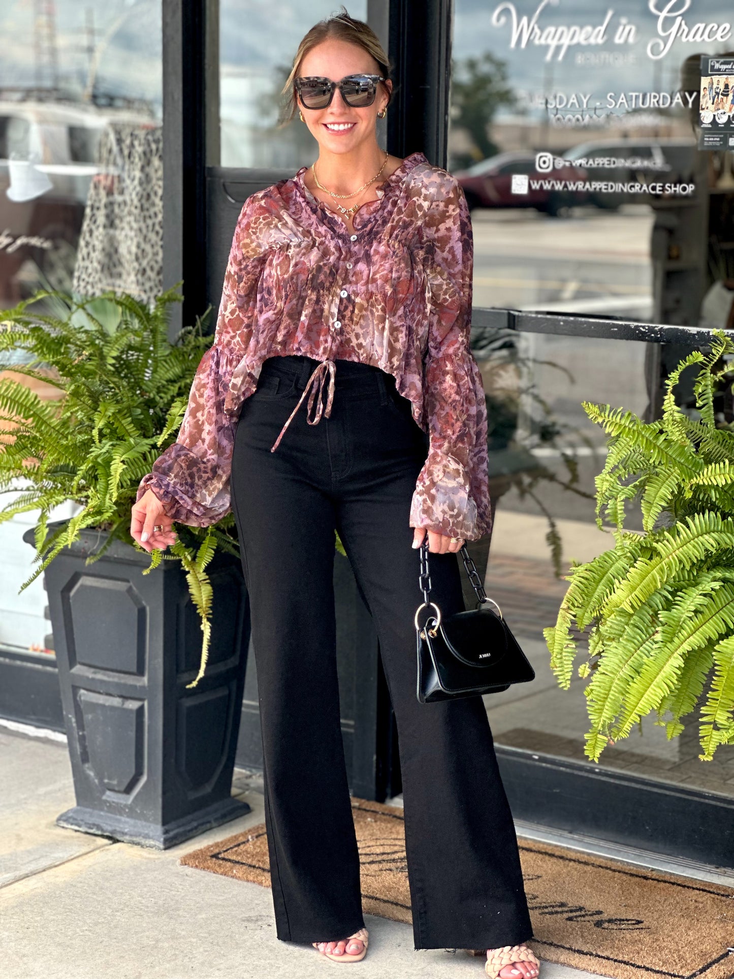 Mia High Rise Crossed Waist Wide Leg Jeans in Black