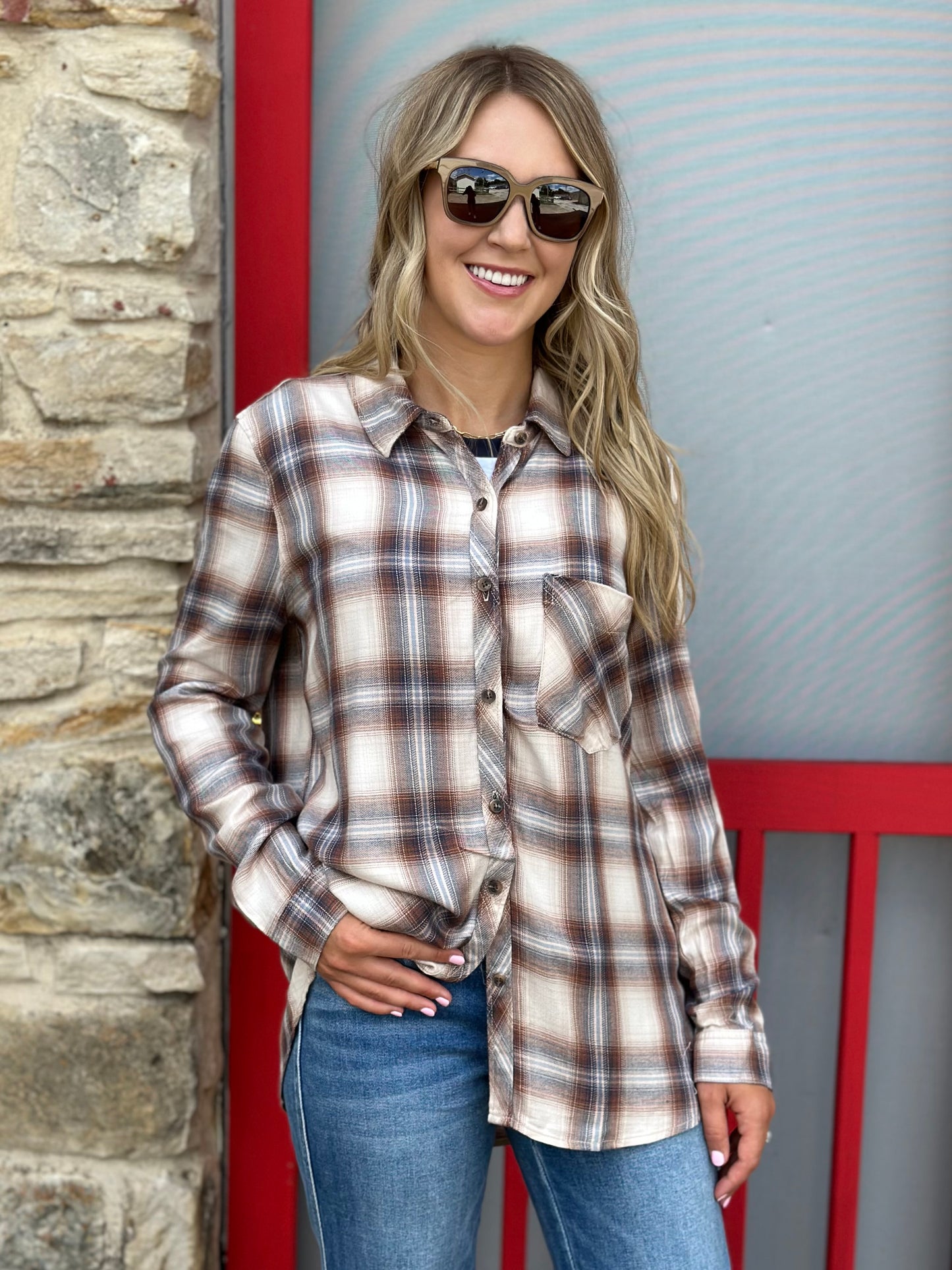 NEW! Feeling Fall Flannel Top in Cream/Rust