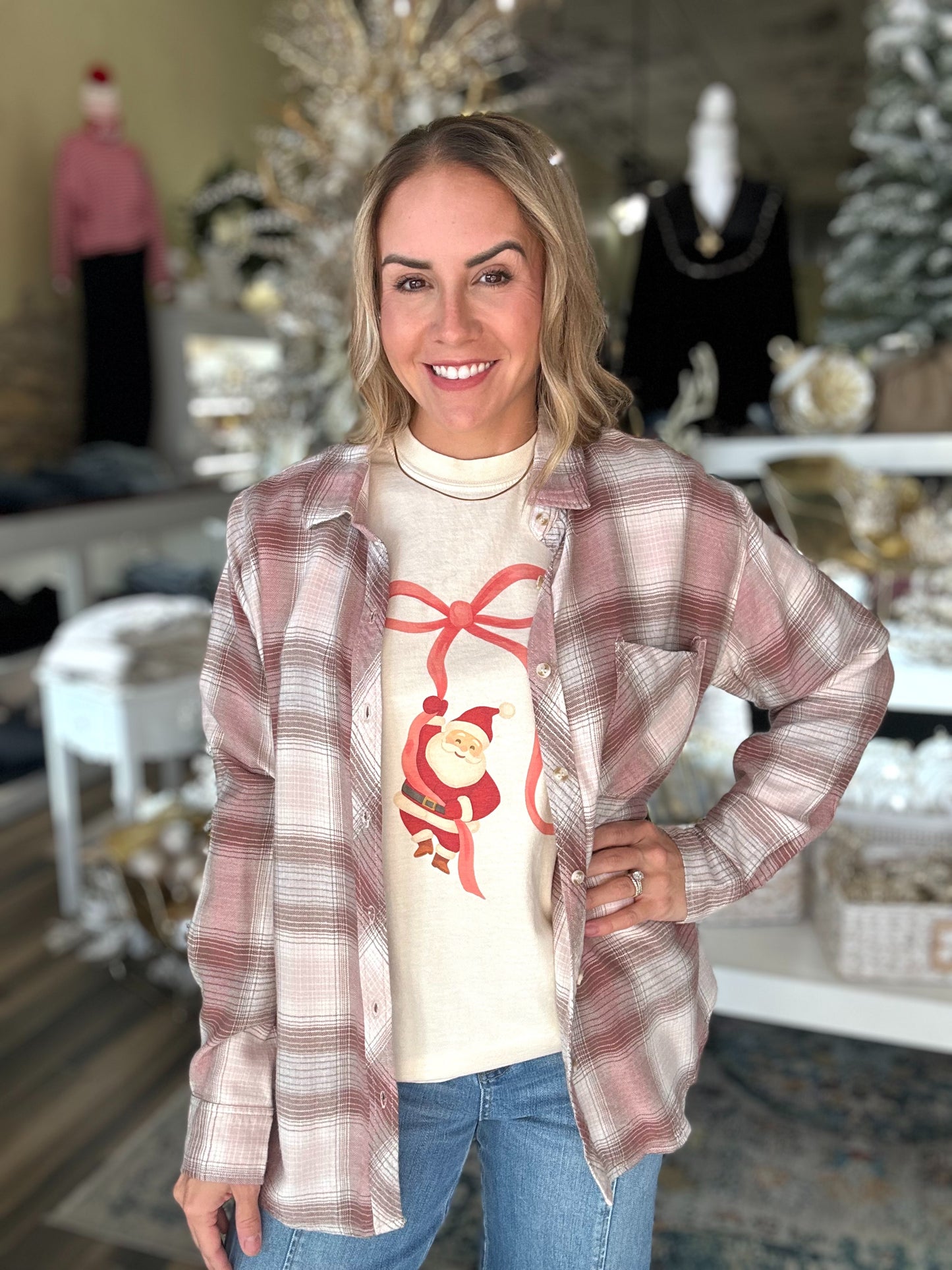 NEW! Hang In There Santa Bow Tee