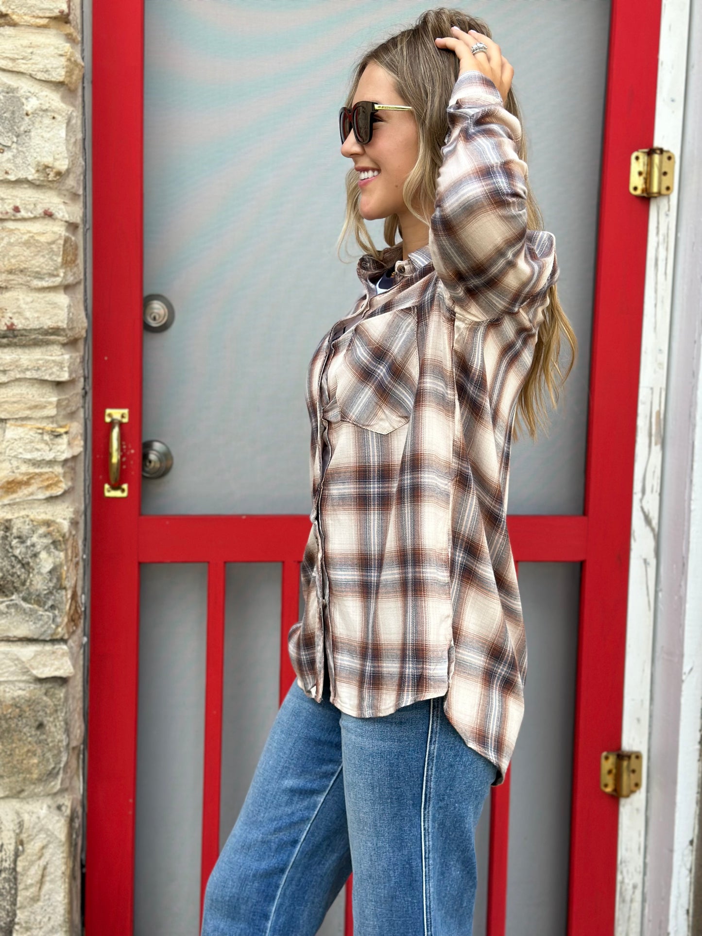 NEW! Feeling Fall Flannel Top in Cream/Rust