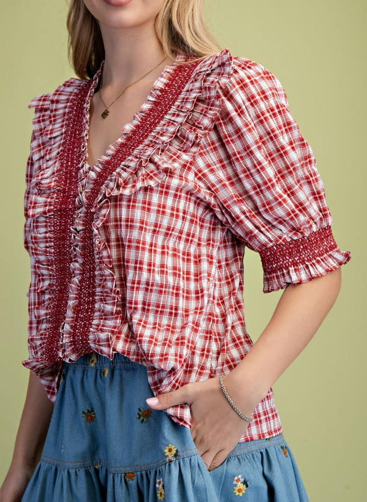 Smiles and Sunshine Plaid Top in Red