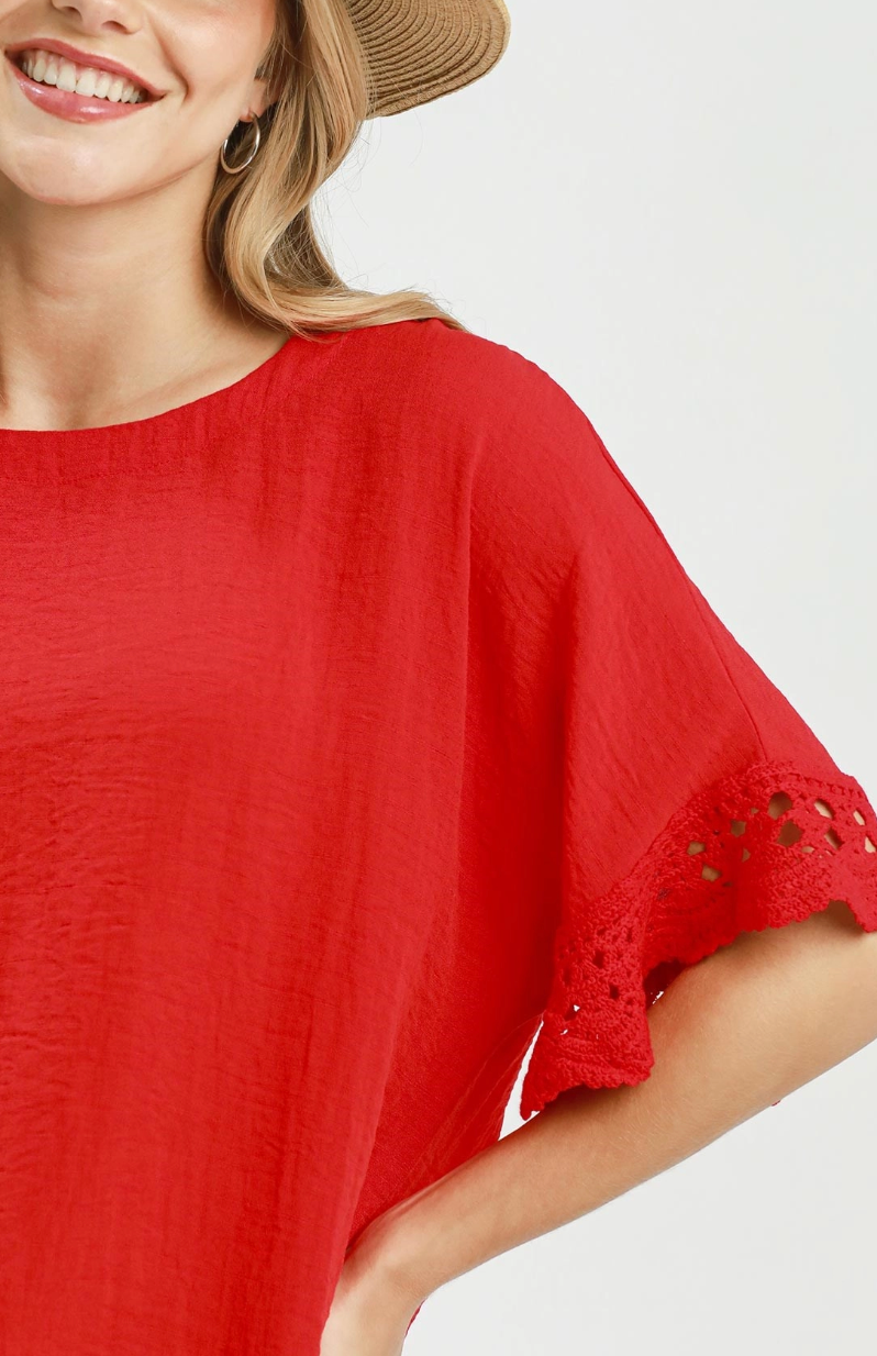 Vacay Bliss Crochet Accent Top in Red