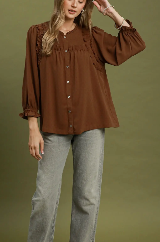Sweet Ruffle Trim Top in Brown