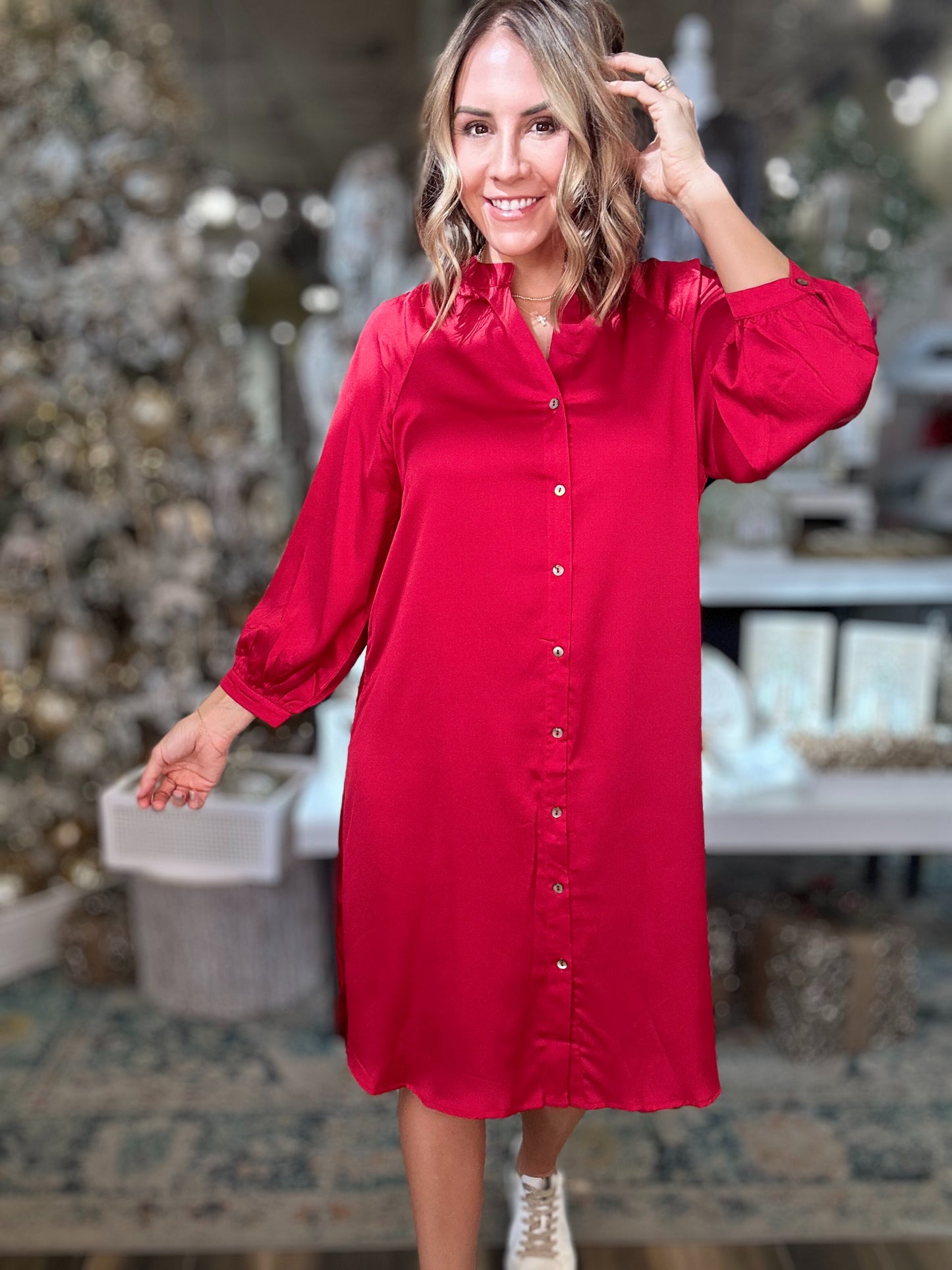 NEW! Holiday Happiness Midi Dress in Crimson