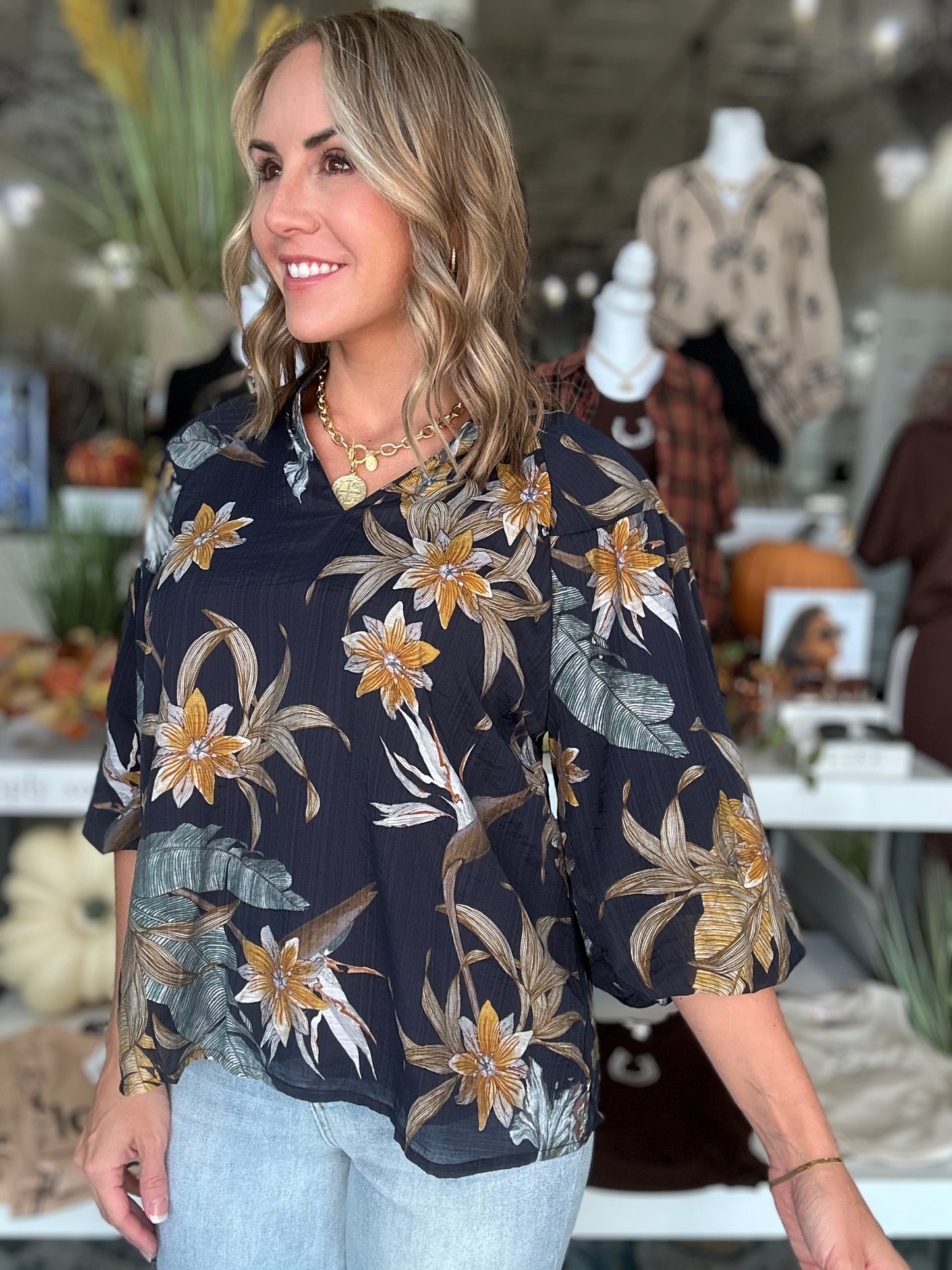 NEW! Nature's Floral Top in Navy
