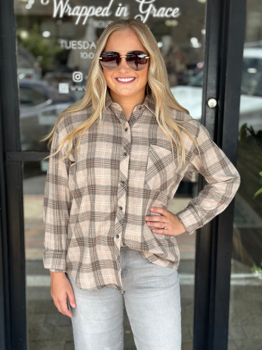 NEW! Autumn Breeze Flannel Top in Mushroom