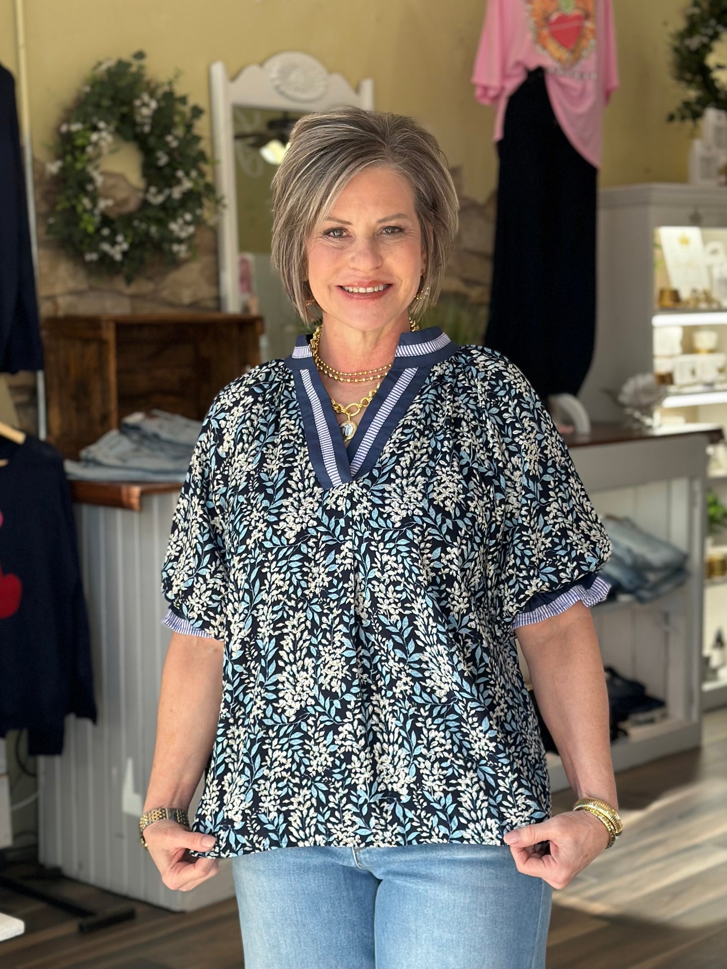 Burst of Floral Top in Navy