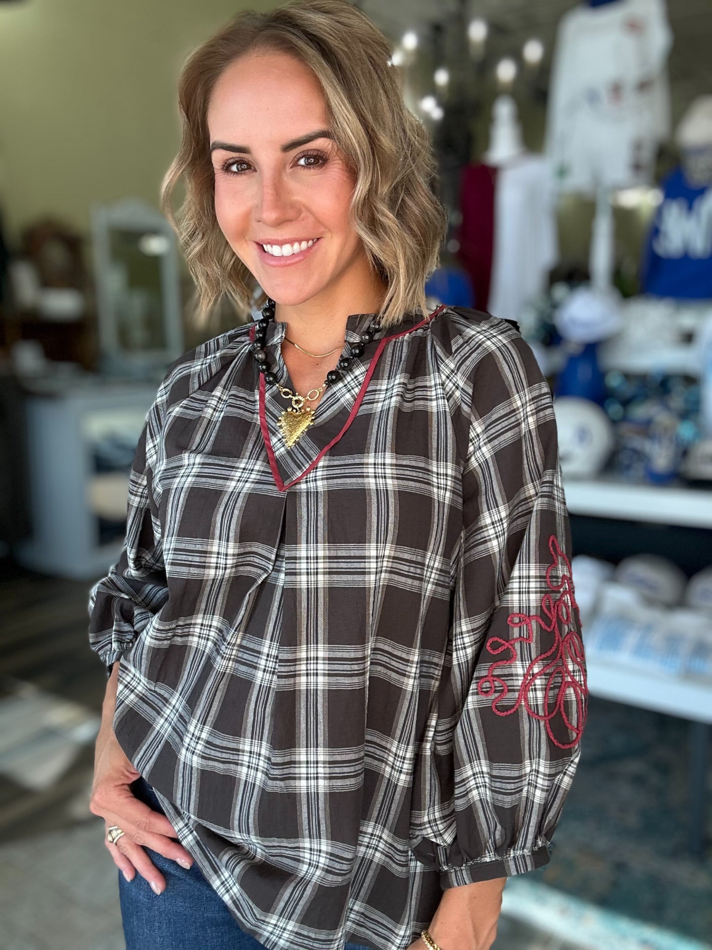 Crisp Day Plaid Embroidered Top