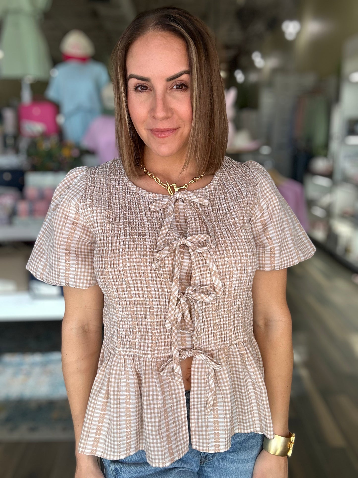 Sweet Glance Checkered Top in Latte