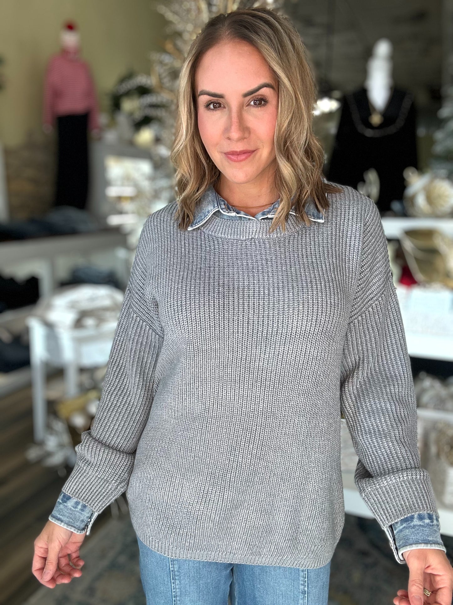 NEW! Mindful Matter Sweater in Grey/Denim