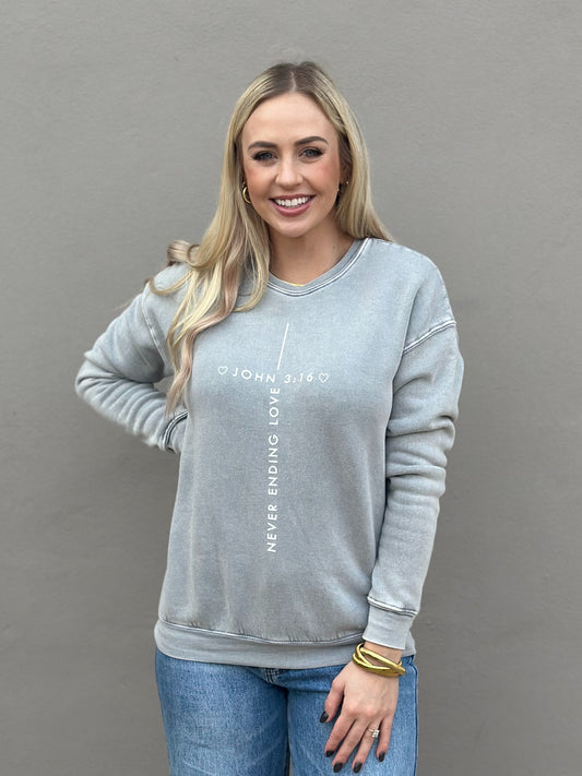 NEW! NEVER ENDING LOVE SWEATSHIRT in mineral heather gray