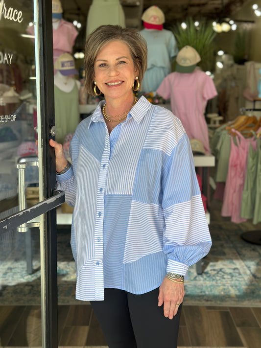 Weekend Wander Mix Striped Top in Baby Blue