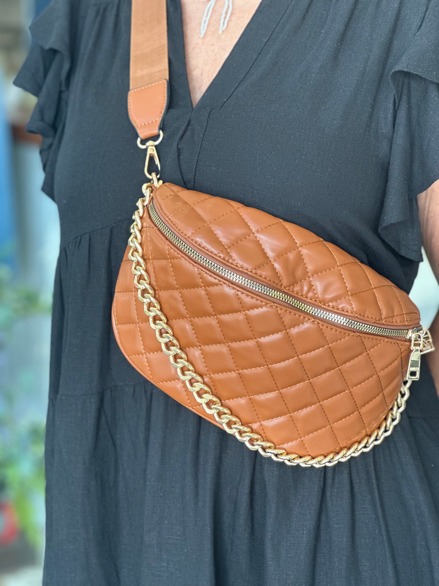 Sylvie Quilted Belt Bag in Caramel