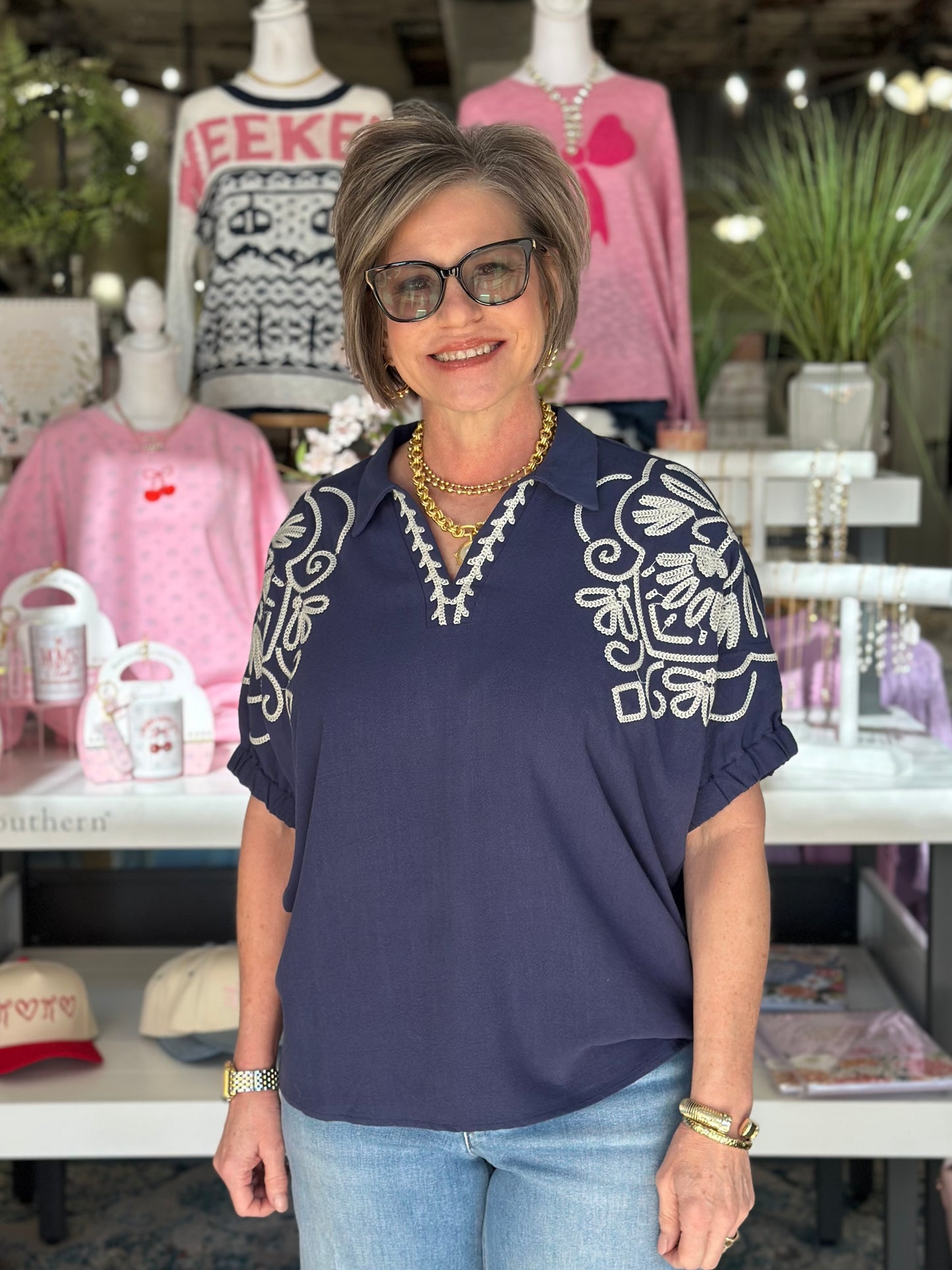 Effortless Style Navy Embroidered Top