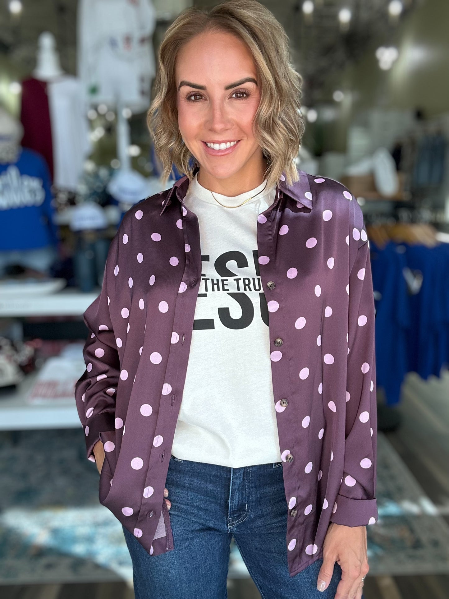 Delightful Day Polka Dot Top in Plum