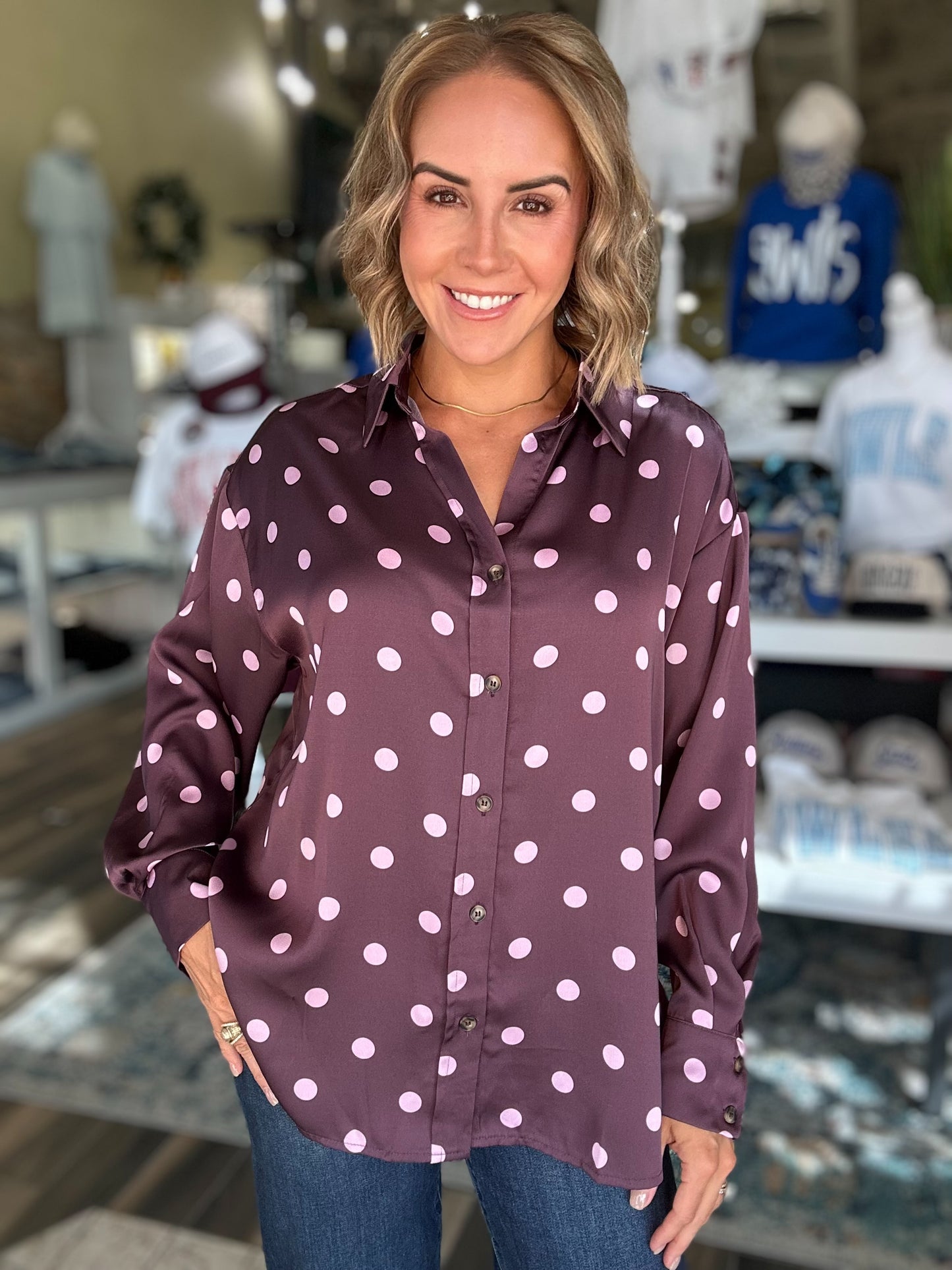 Delightful Day Polka Dot Top in Plum