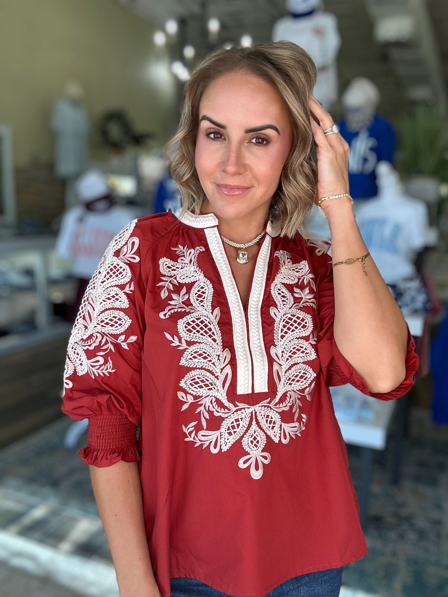 Embrace Embroidered Top in Brick