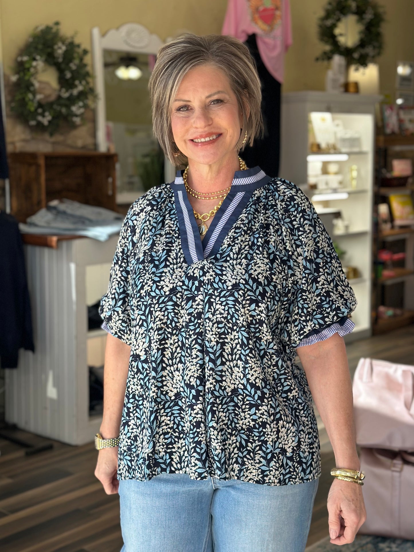 Burst of Floral Top in Navy