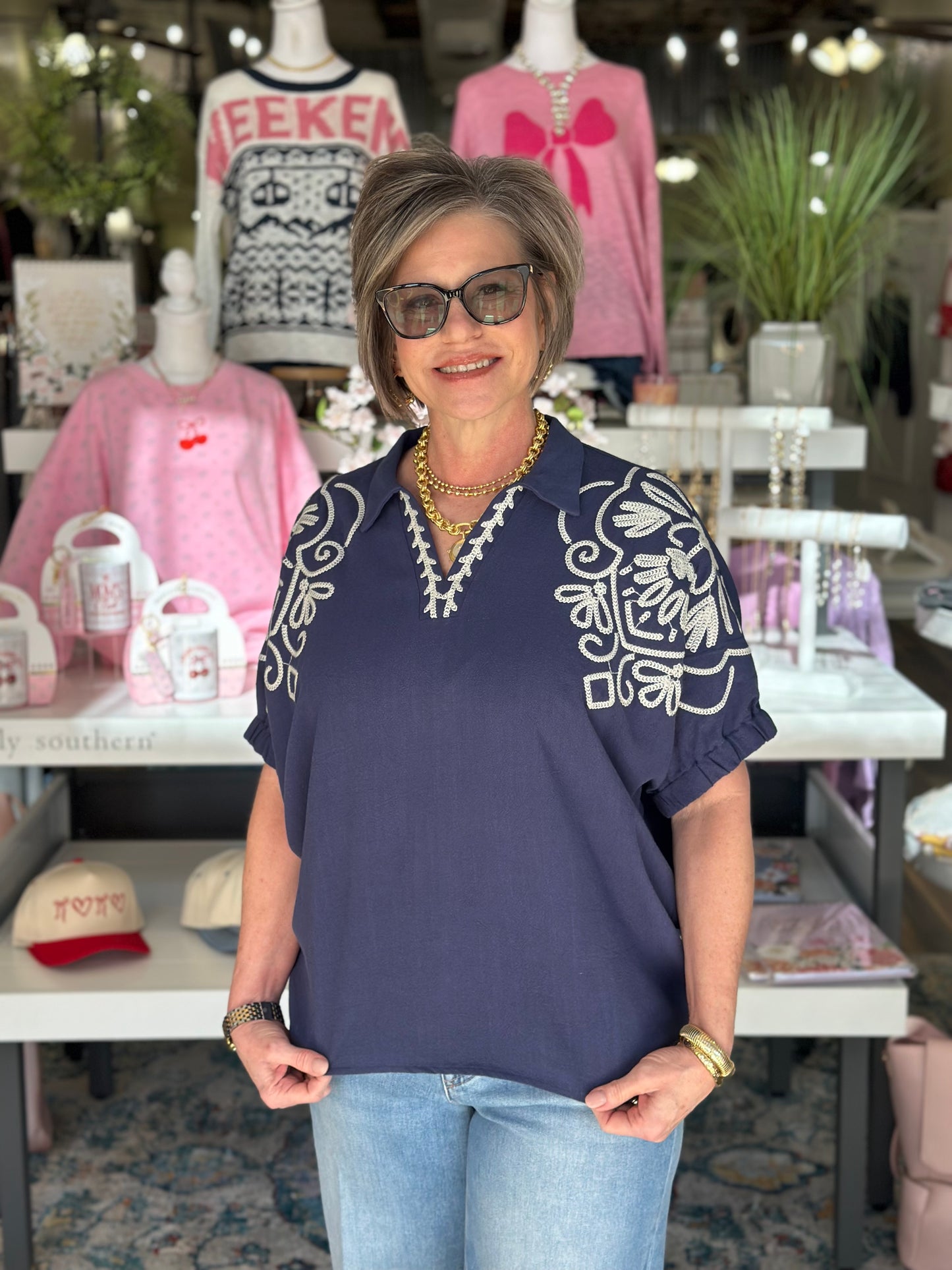 Effortless Style Navy Embroidered Top