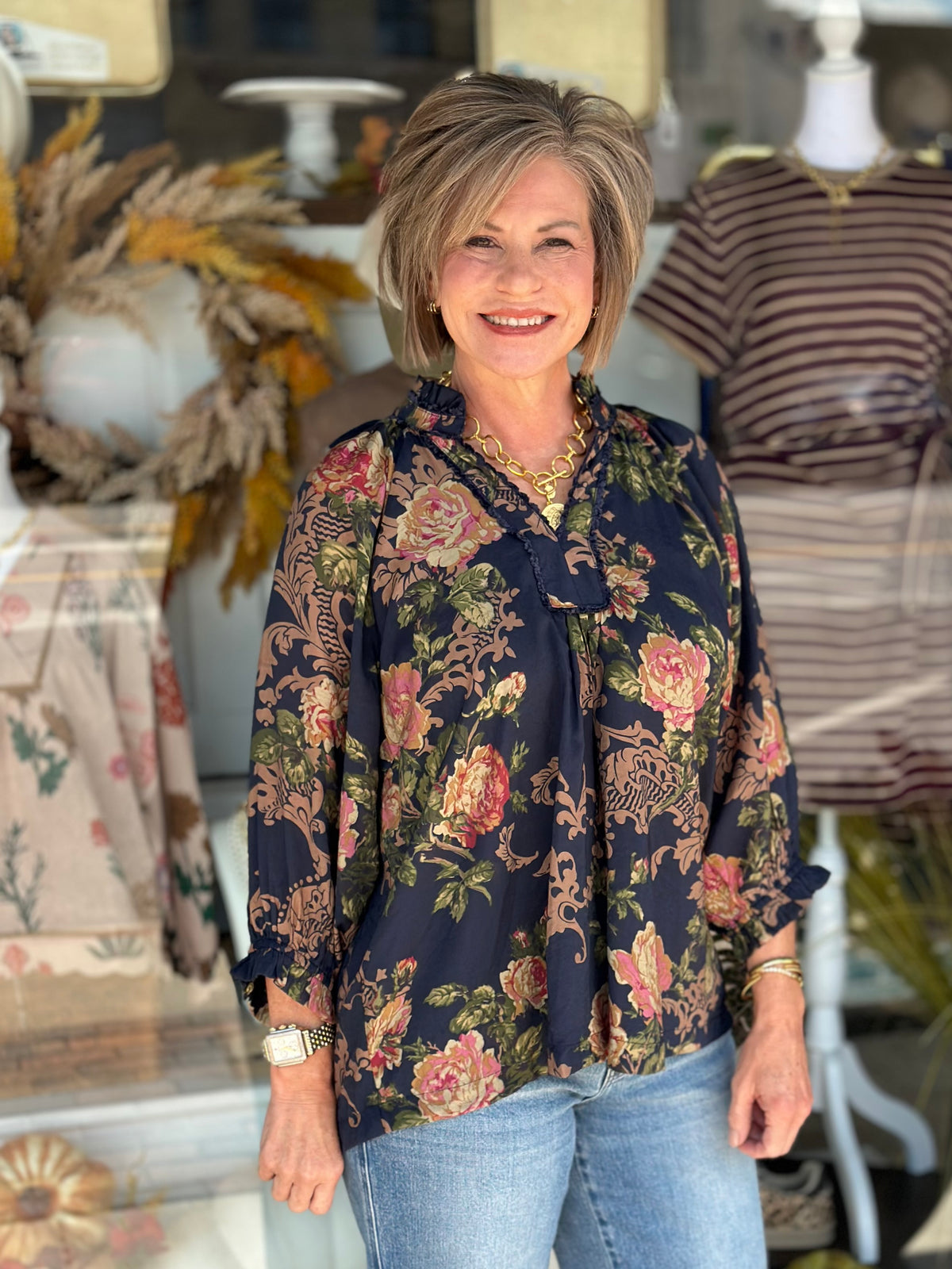 Victorian Floral Navy Top