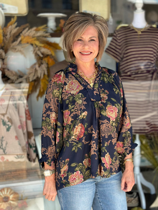 Victorian Floral Navy Top