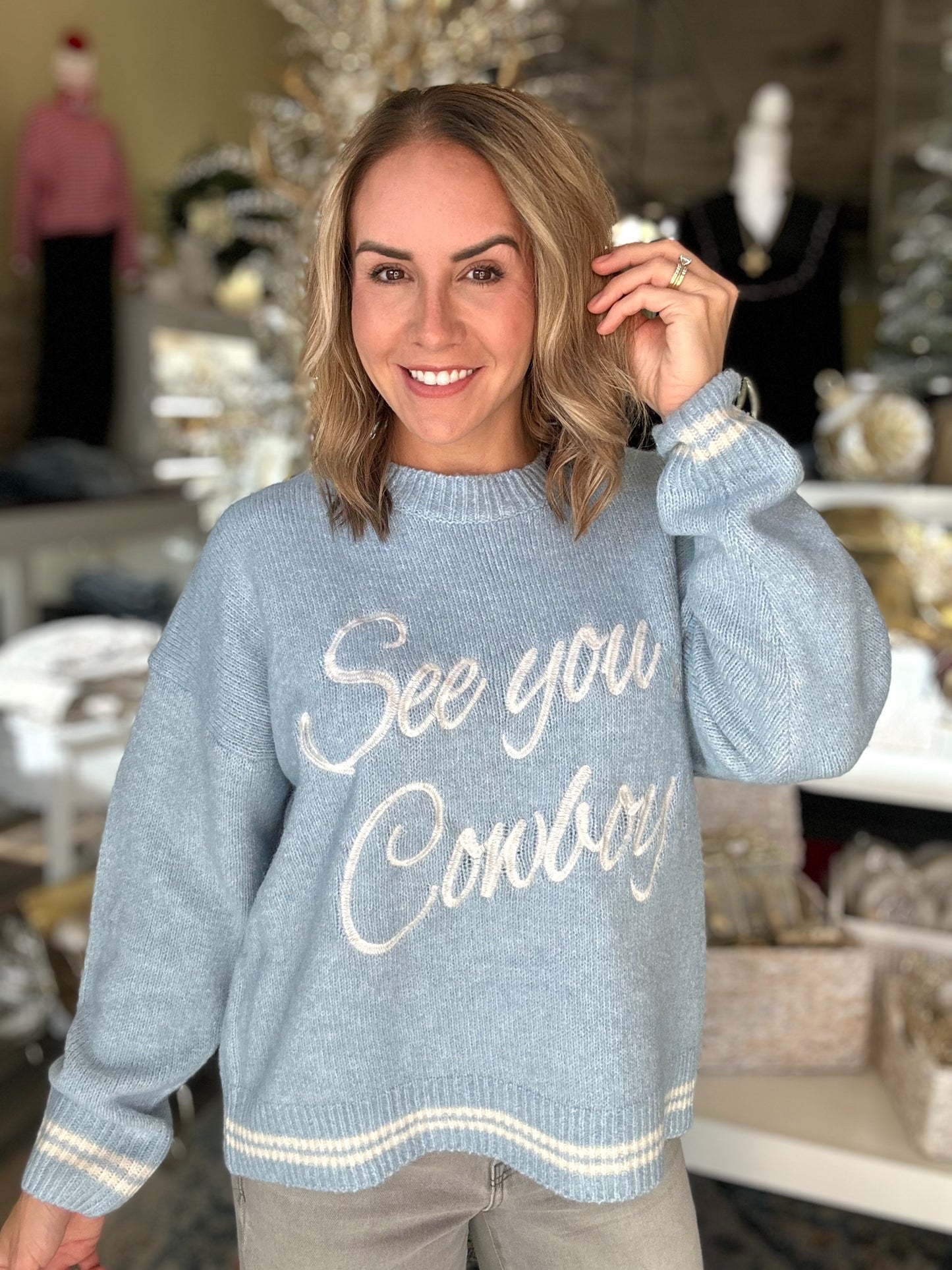 NEW! See You Cowboy Sweater in Powder Blue