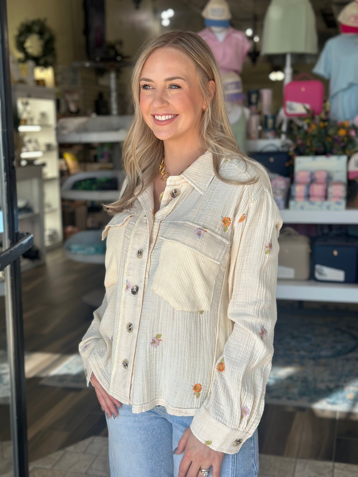 Garden of Flowers Button Top in Cream