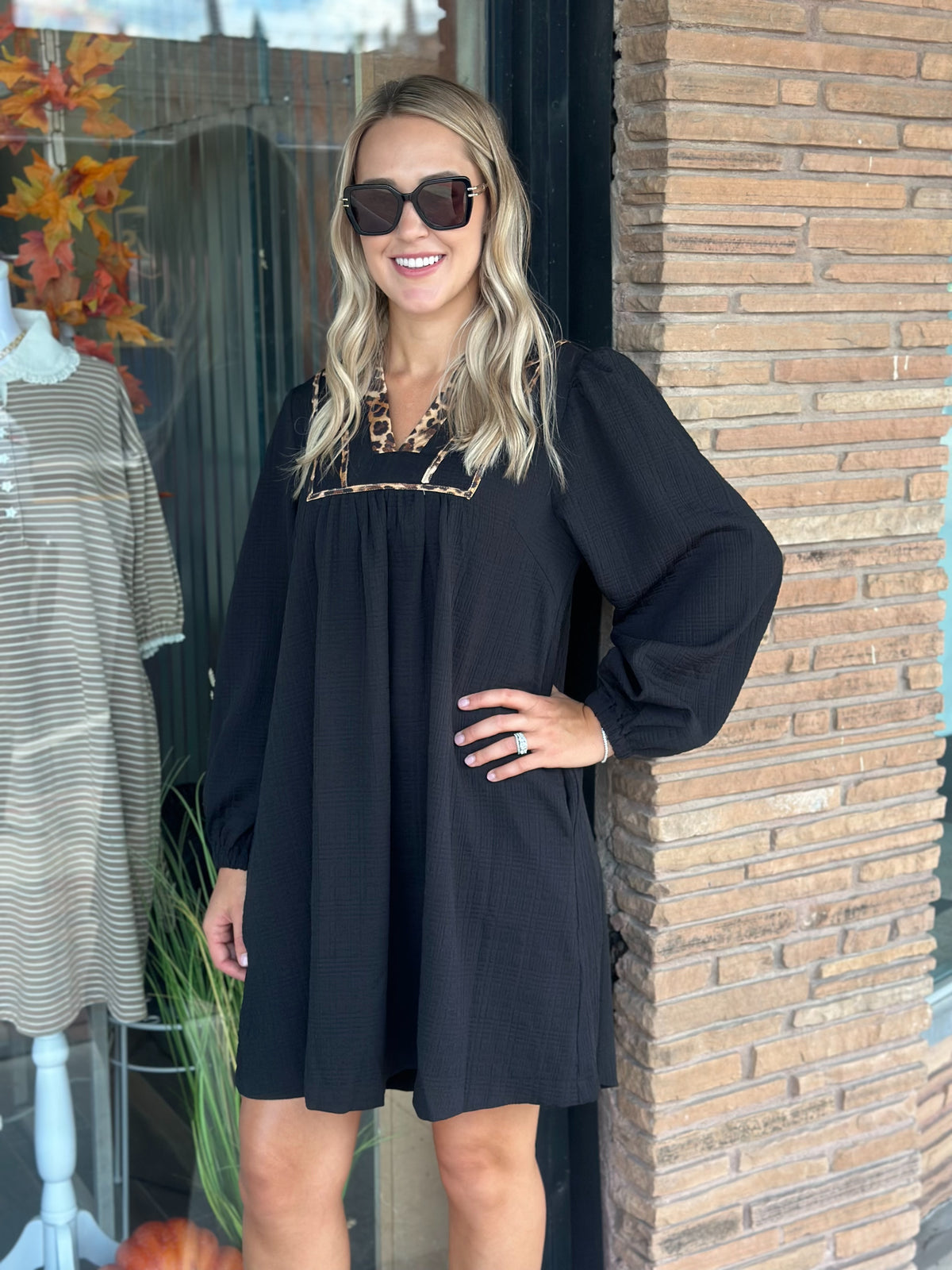 Leopard Trim Babydoll Dress in Black
