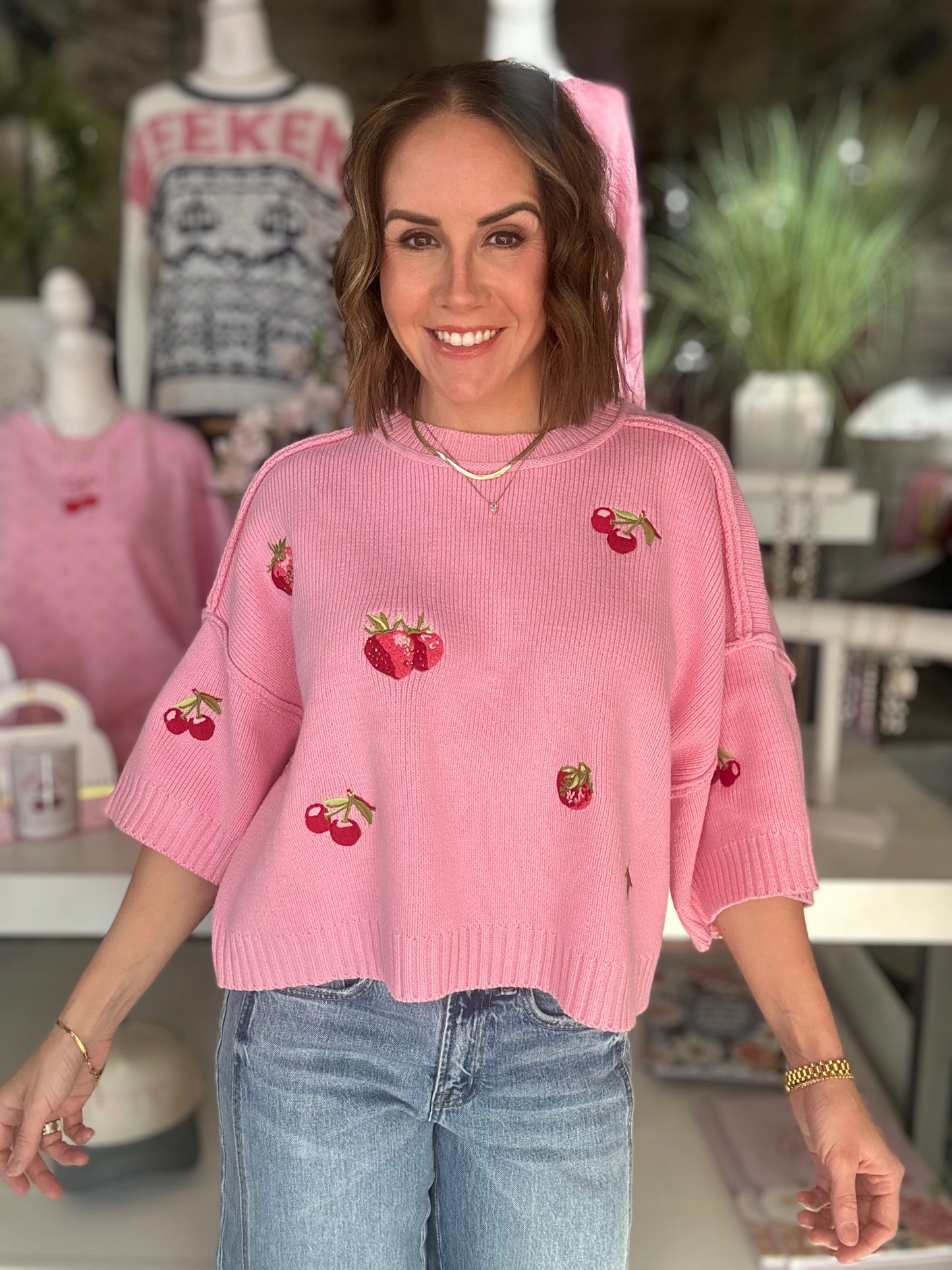 Strawberry Embrace Sweater Top in Pink