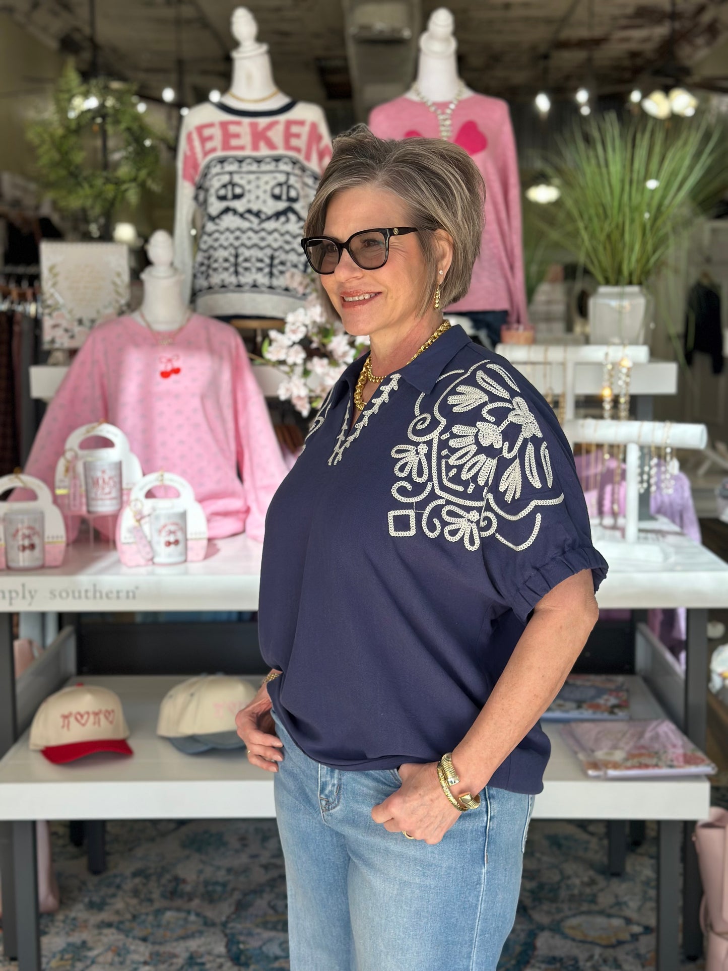 Effortless Style Navy Embroidered Top