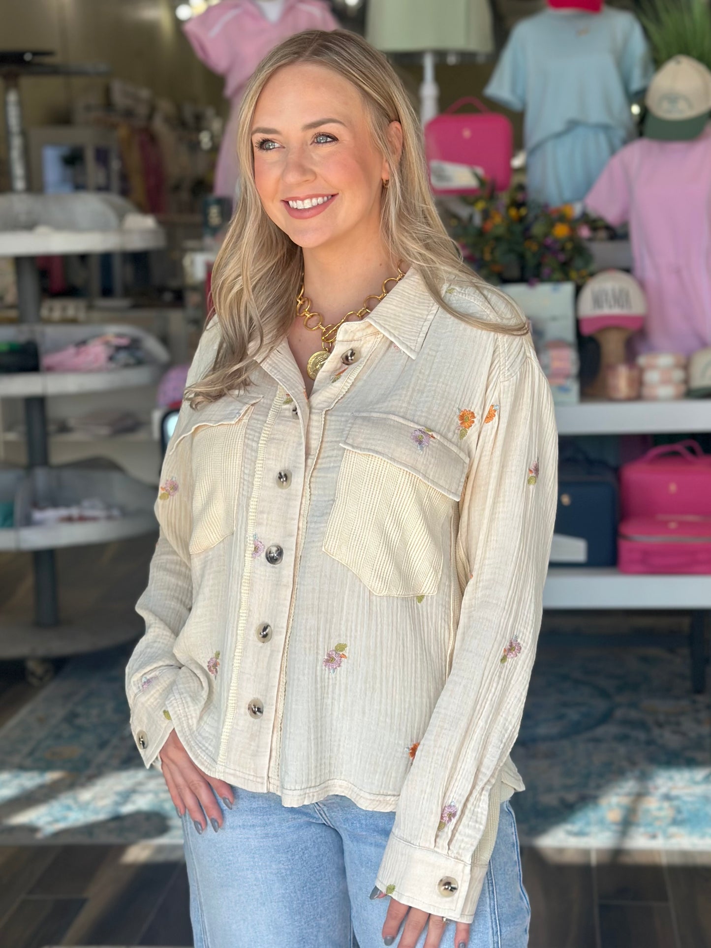 Garden of Flowers Button Top in Cream