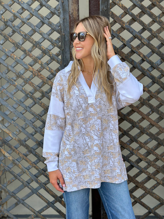 NEW! Cute In Camo Polo Pullover Top