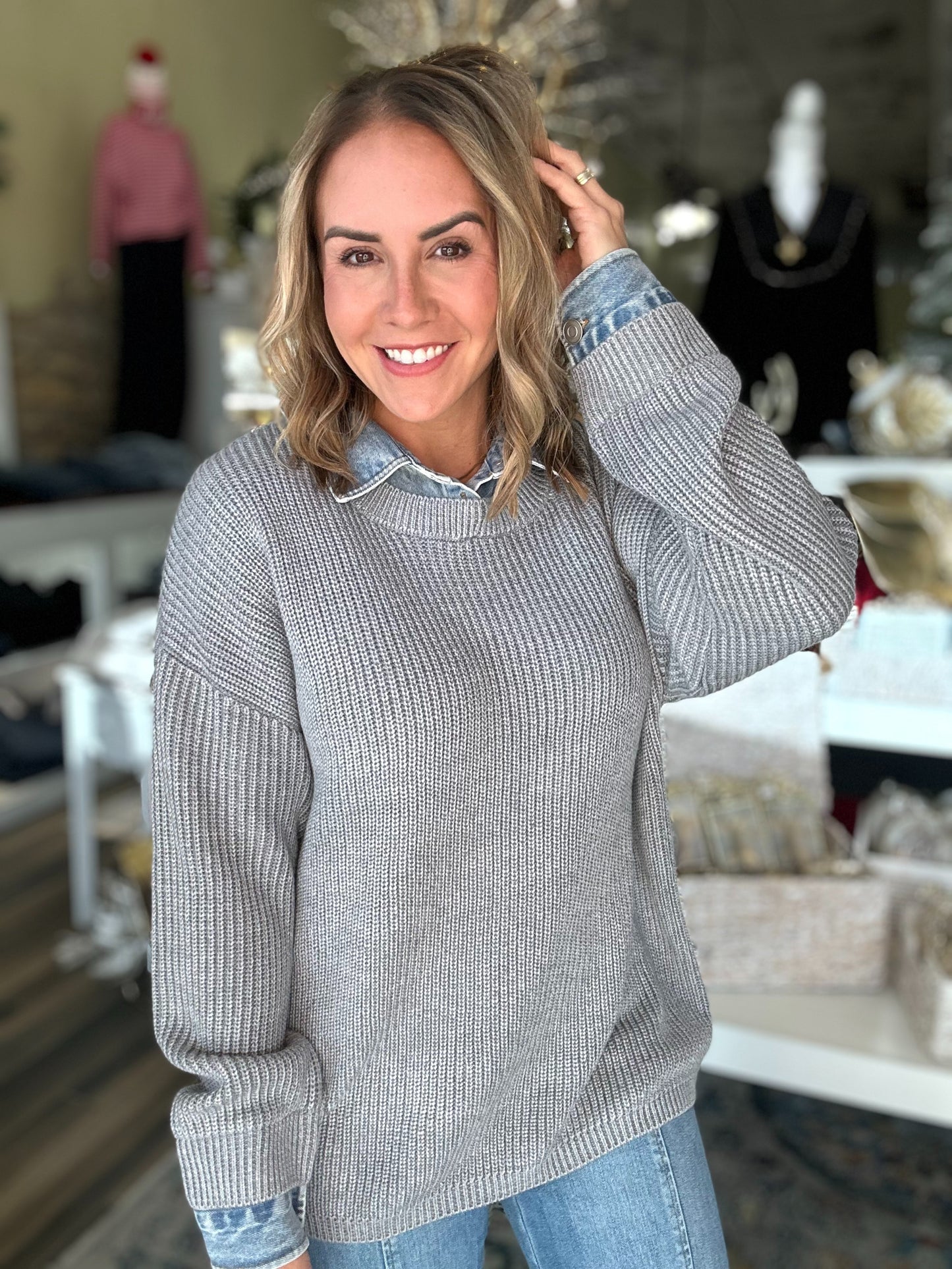 NEW! Mindful Matter Sweater in Grey/Denim