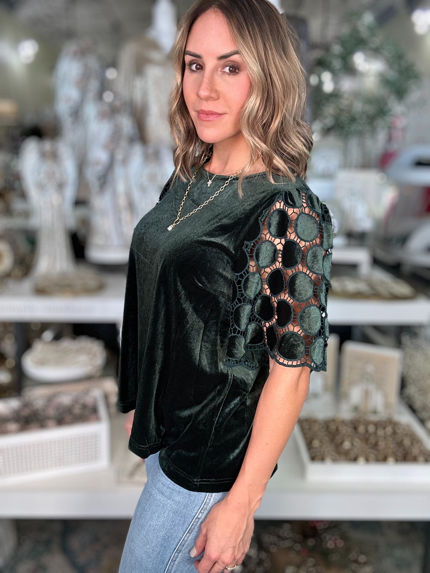 NEW! Home for The Holidays Velvet Top in Deep Green