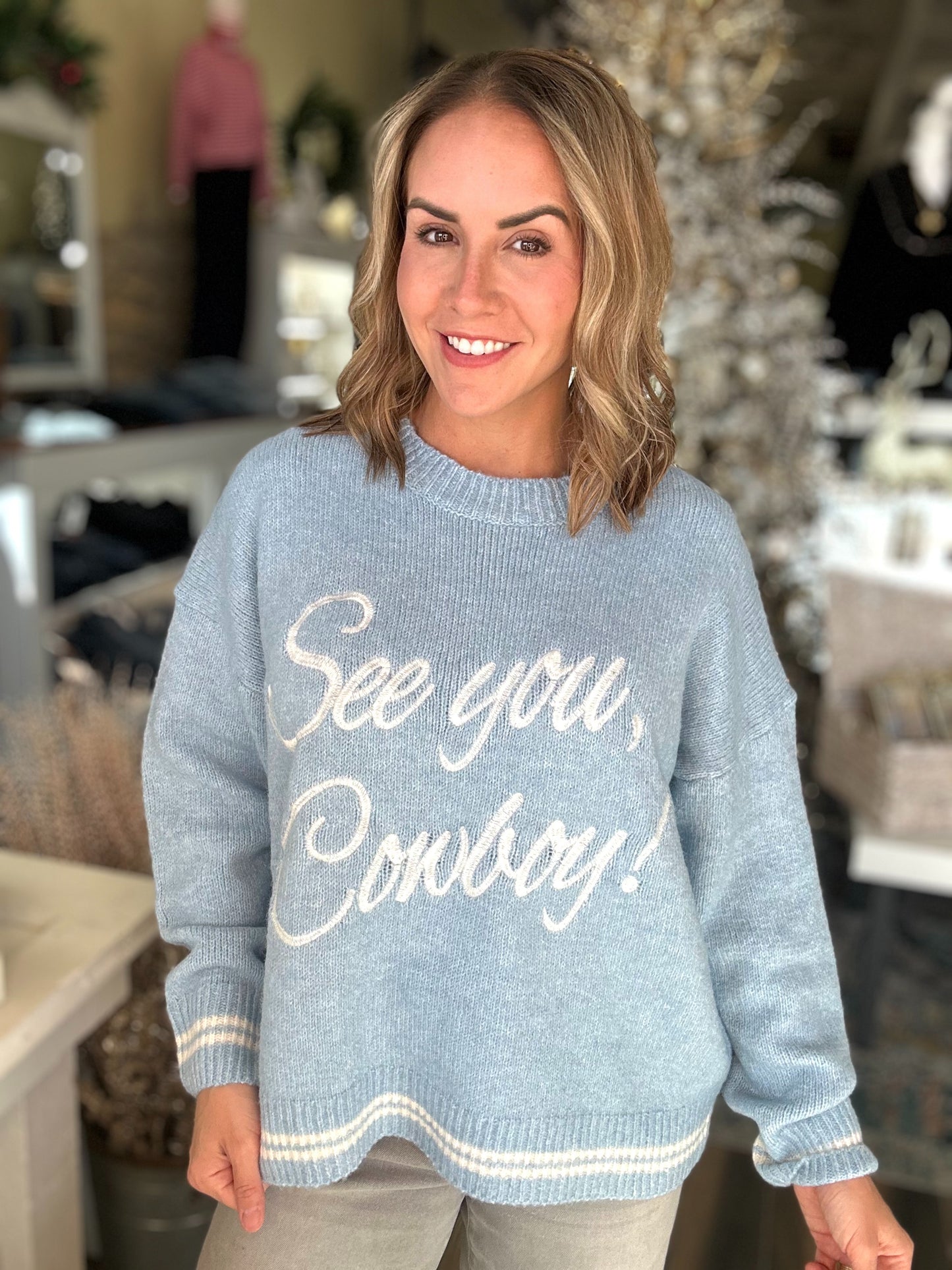 NEW! See You Cowboy Sweater in Powder Blue