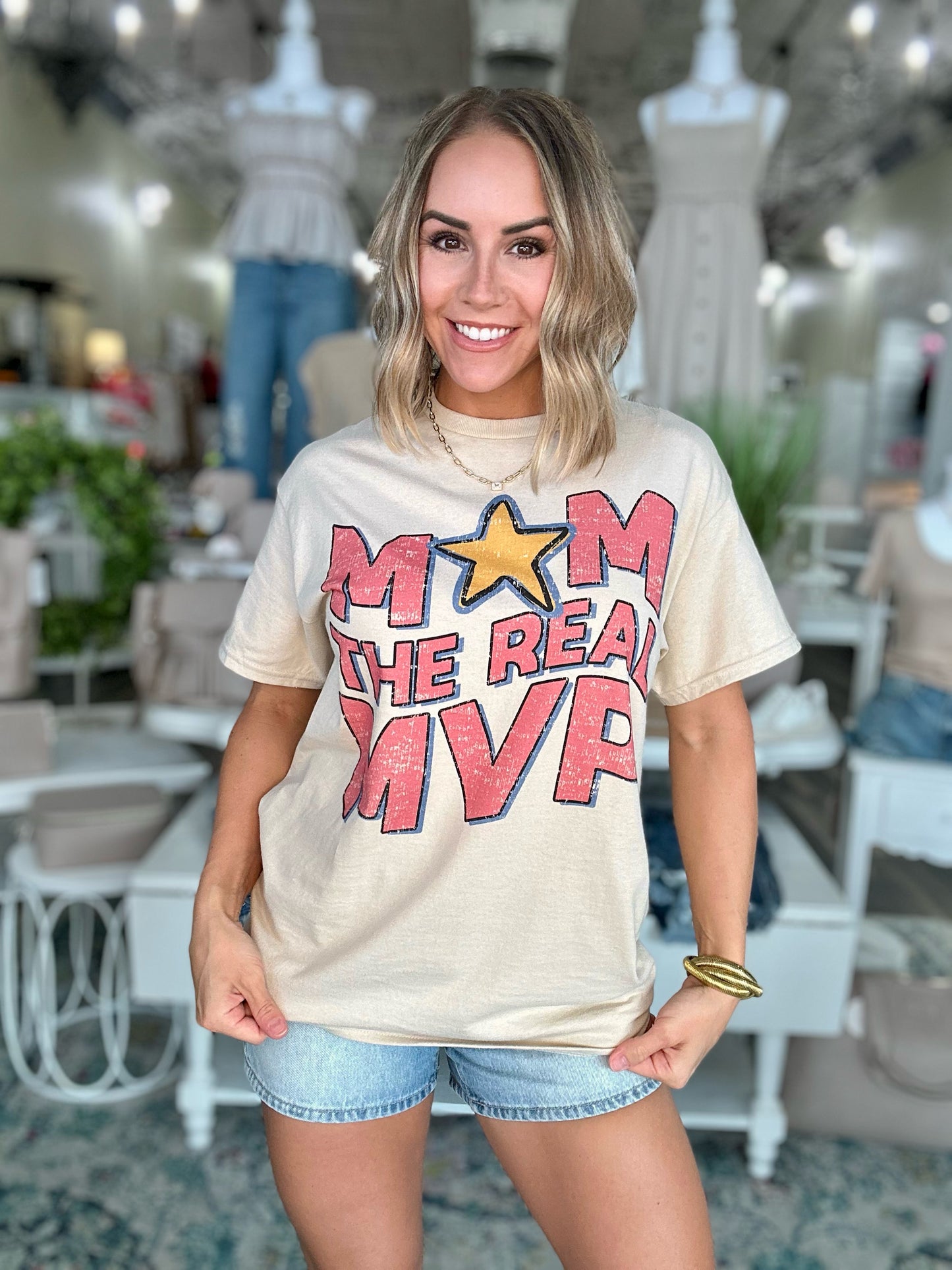 Mom the Real MVP Oversized Graphic Tee in Sand