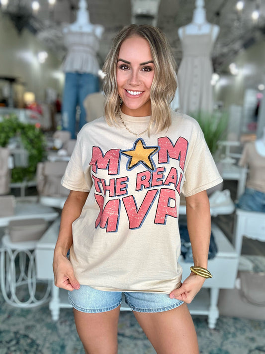 NEW! Mom the Real MVP Oversized Graphic Tee in Sand