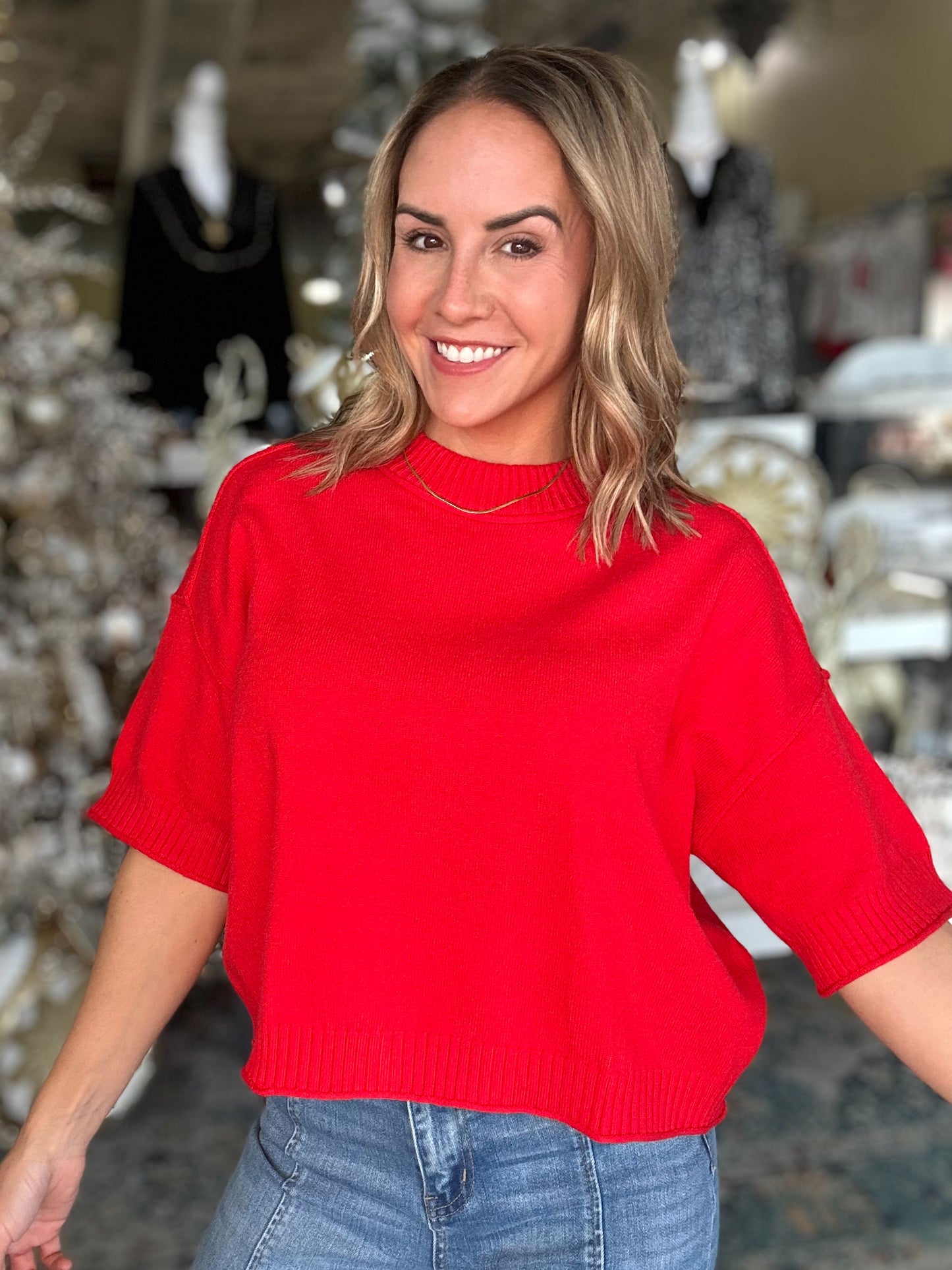 NEW! Holiday Happenings Sweater Top in Red